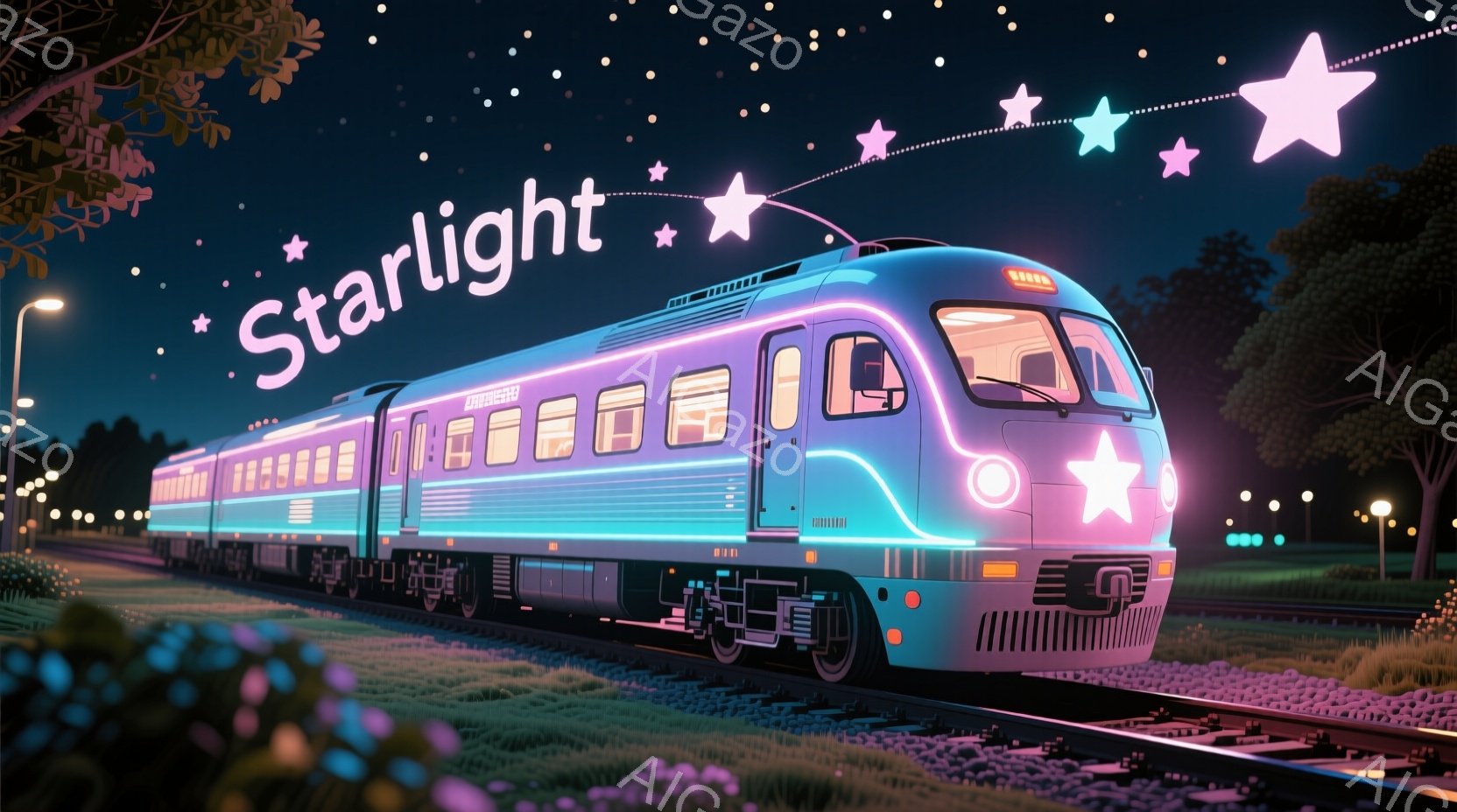 夜の風景の中に、鮮やかな青と紫色の列車が描かれています。列車の先頭には大きな星が描かれており、車体全体が光を放っています。背景には緑豊かな草地と茂みがあり、星空が広がり、幻想的な雰囲気を醸し出していま - AI生成フリー素材