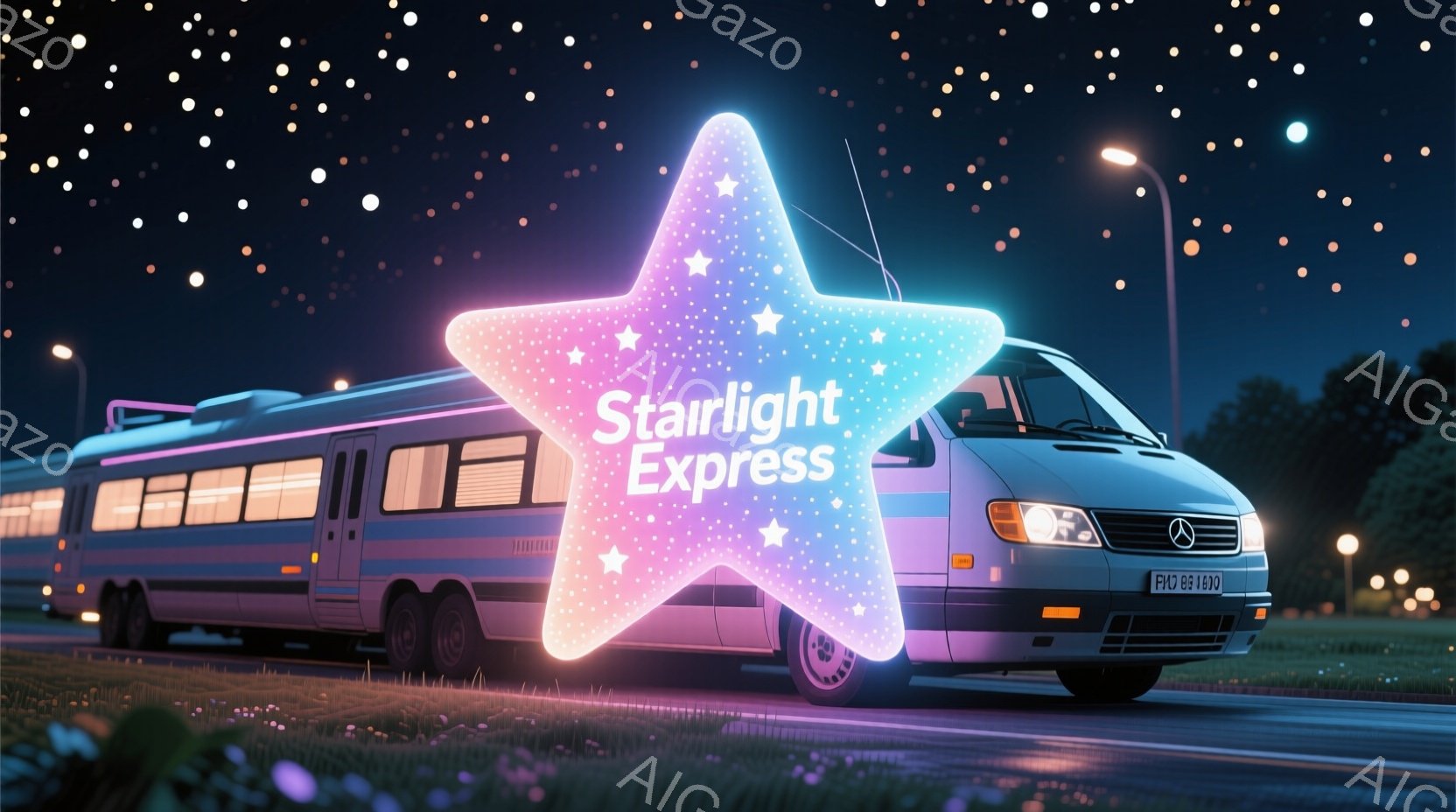 夜の道路を走る銀色のバンが写っています。バンは「スターライト・エクスプレス」と書かれた明るい青色の星雲状の光で囲まれており、幻想的な雰囲気を醸し出しています。周囲は暗い空の下に緑の草が生い茂り、遠くにはぼんやりとした光が見え、夜の静けさと冒険心を掻き立てる情景です。