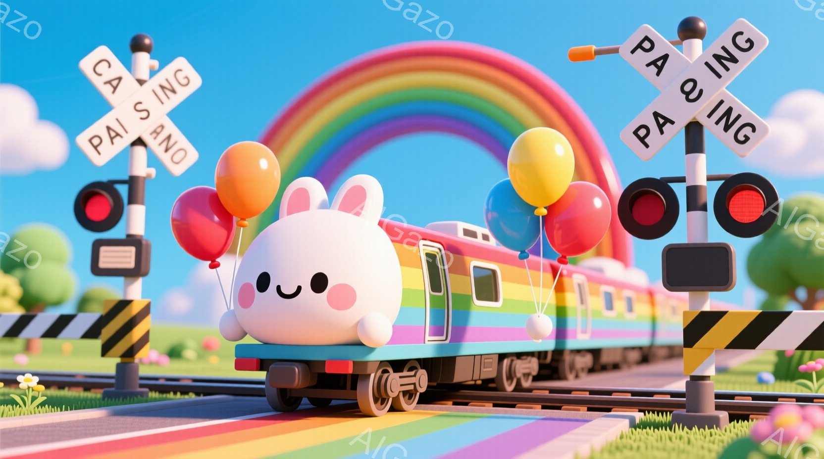 ピンク色の可愛らしい機関車が線路の上を走っている様子を描いています。機関車は顔があり、丸くて黒い目と、小さな赤い頬を持っており、楽しそうに前を見つめています。背景には、虹、緑の草原、黄色と黒のストライプの線路があり、子供向けの明るく楽しい雰囲気を作り出しています。