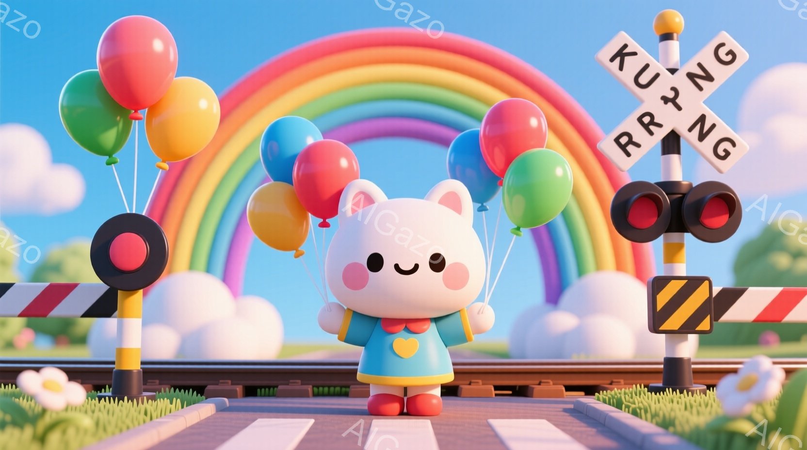 ふわふわのピンク色のウサギのキャラクターが、カラフルな風船をたくさん持っています。ウサギは水色のオーバーオールと黄色のハート型のブローチを着ており、顔は微笑んでいて可愛らしいです。背景には、虹のような - AI生成フリー素材