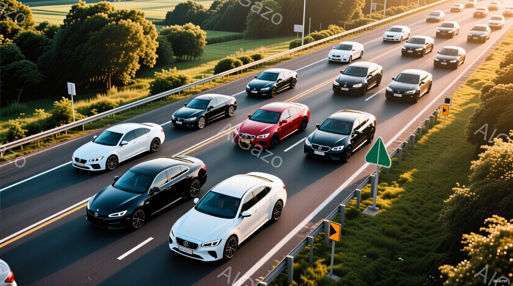 高速道路を走行する多くの自動車が写っています。車は白、黒、赤など様々な色をしており、天候は晴れで、緑豊かな風景が広がっています。全体的に、速度感と洗練された雰囲気が感じられます。 - AI生成フリー素材
