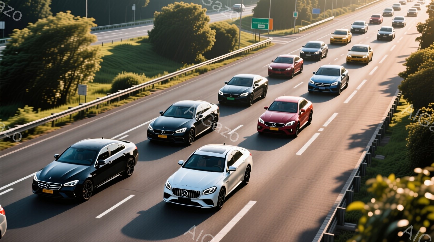 高速道路を様々な色のメルセデス・ベンツが連なって走行している様子が写っている。道路は車線が分かれており、両脇には緑豊かな植生が広がっている。空は晴れていて、全体的に明るく、活気のある雰囲気が漂っている。