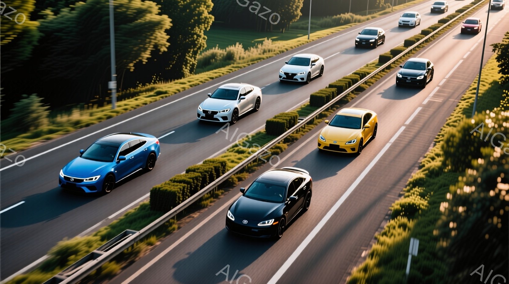 鮮やかな色の自動車が、緑豊かな並木道を通って進行している様子が写っている。自動車はそれぞれ青、白、黒、黄色で、高速道路のような場所を並んで走っている。背景には緑豊かな木々と穏やかな天候が広がっており、 - AI生成フリー素材