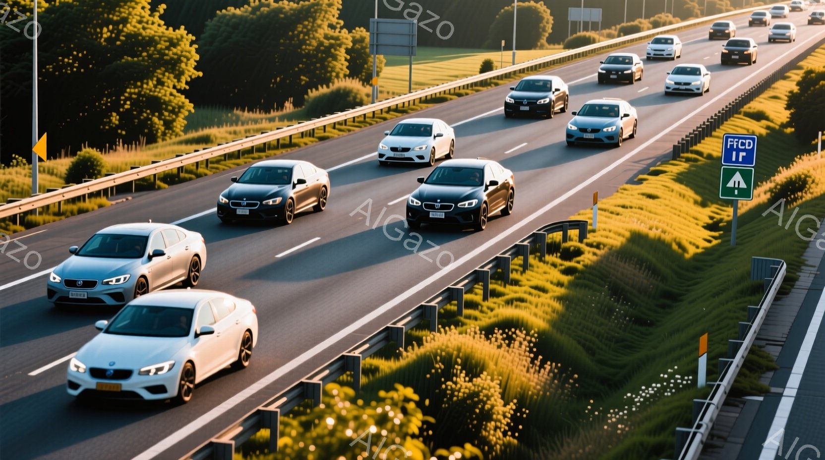 晴れた日の高速道路を、白や黒の高級車が次々と走っている様子が写されている。道路の両脇には緑豊かな草地が広がり、遠くには木々が見える。全体的に明るく、スピード感と洗練された雰囲気が感じられる。 - AI生成フリー素材
