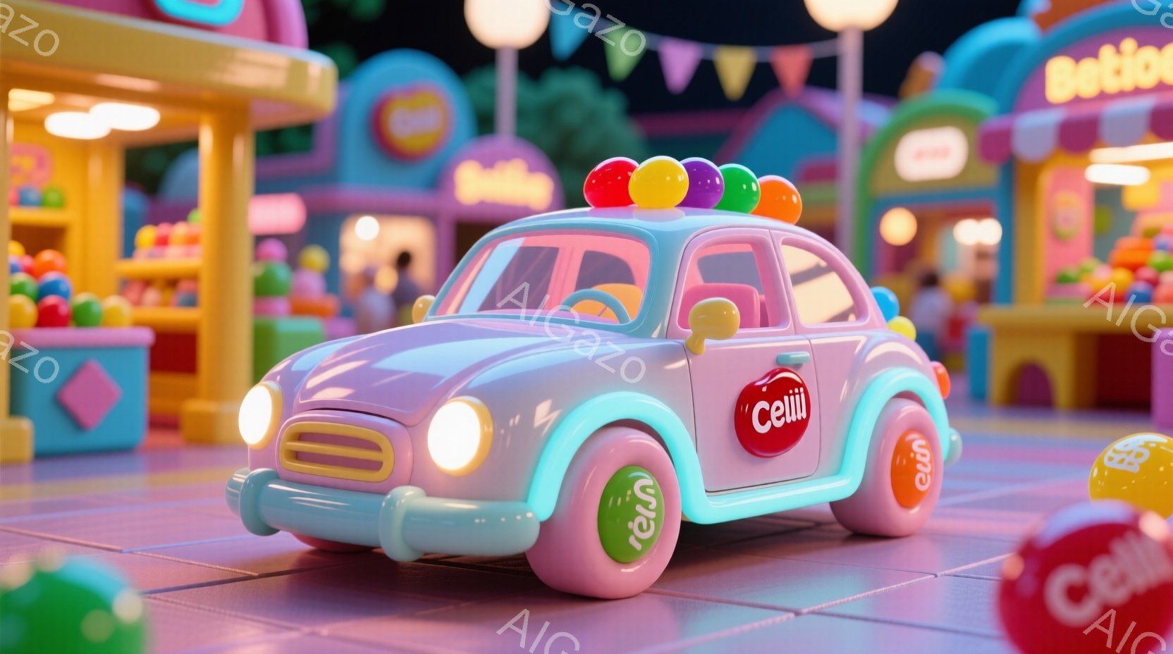 明るいピンク色の車が、キャンディのようなカラフルな背景の中にあります。車の上には、虹色のキャンディが積み重ねられ、タイヤには「Celli」というロゴが描かれています。背景には、パステルカラーの建物と、 - AI生成フリー素材