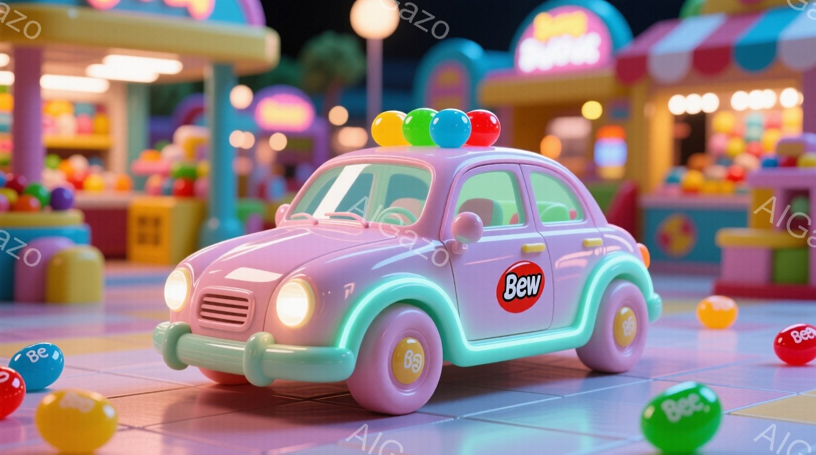 明るいピンク色のレトロな自動車が、キャンディのようなカラフルな球体で飾られています。背景には、カラフルな建物とたくさんのキャンディが並び、まるで遊園地のような夢のある雰囲気です。全体的にポップで楽しい、お菓子のような世界観が表現されています。