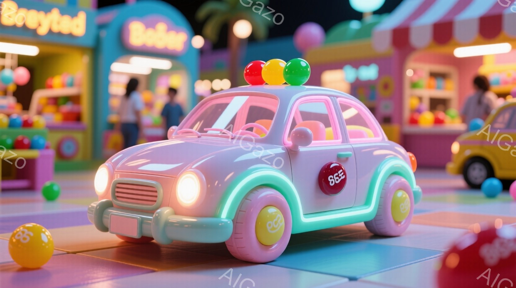 明るいピンク色のレトロな自動車が、おもちゃのような背景の中でひときわ目立っています。車の上にはカラフルなキャンディボールが積み重ねられ、まるで遊園地のアトラクションのようです。背景には、カラフルなおもちゃや、かすかに見える人々が見え、全体的に夢幻的で楽しい雰囲気を醸し出しています。