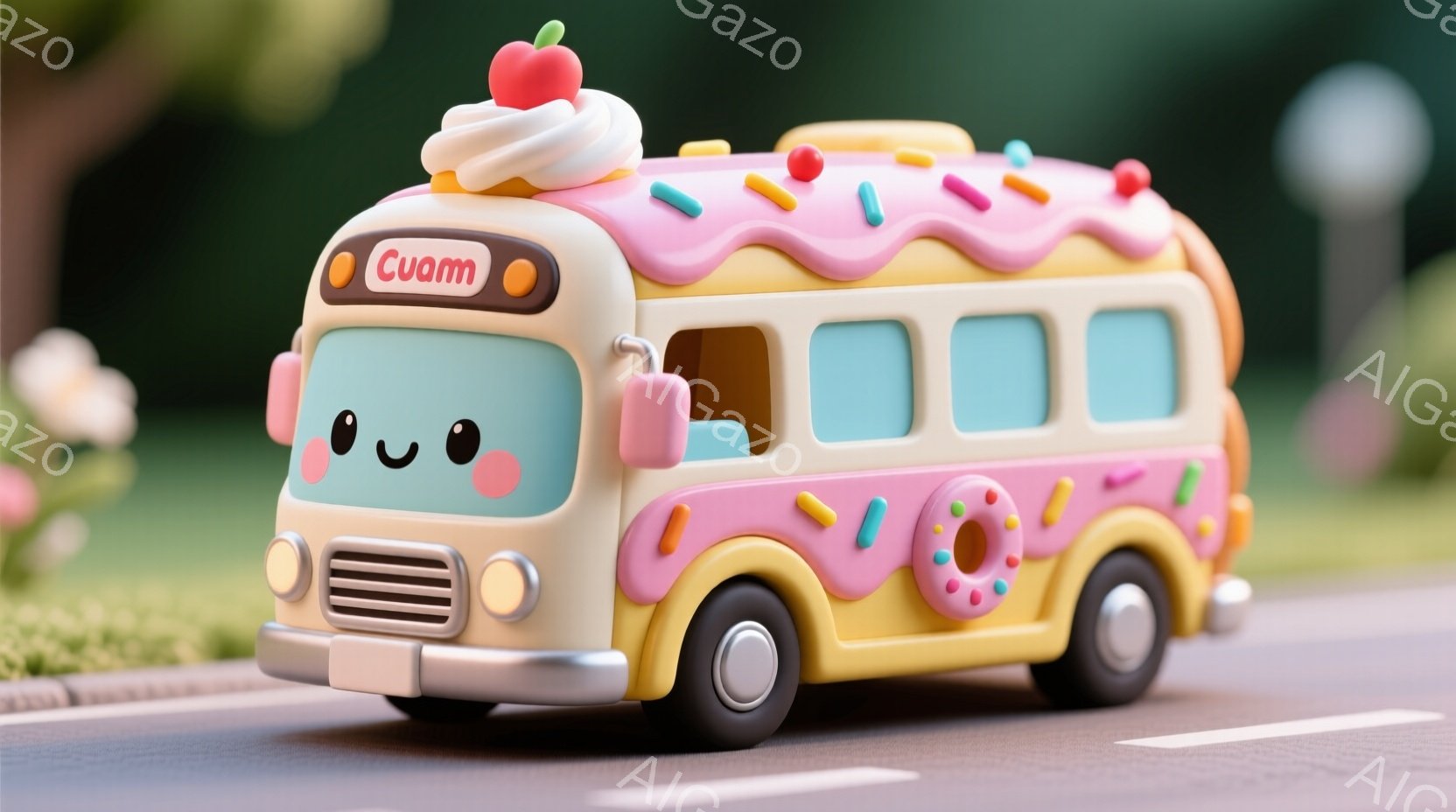 クリームとドーナツで飾られた可愛らしいバスを描いています。バスはクリーム色をベースに、ピンクのラインとドーナツ、そして頭上にイチゴが乗ったクリームが施され、愛らしい表情をしています。背景には緑豊かな木々と道が写っており、明るく楽しい雰囲気を醸し出しています。