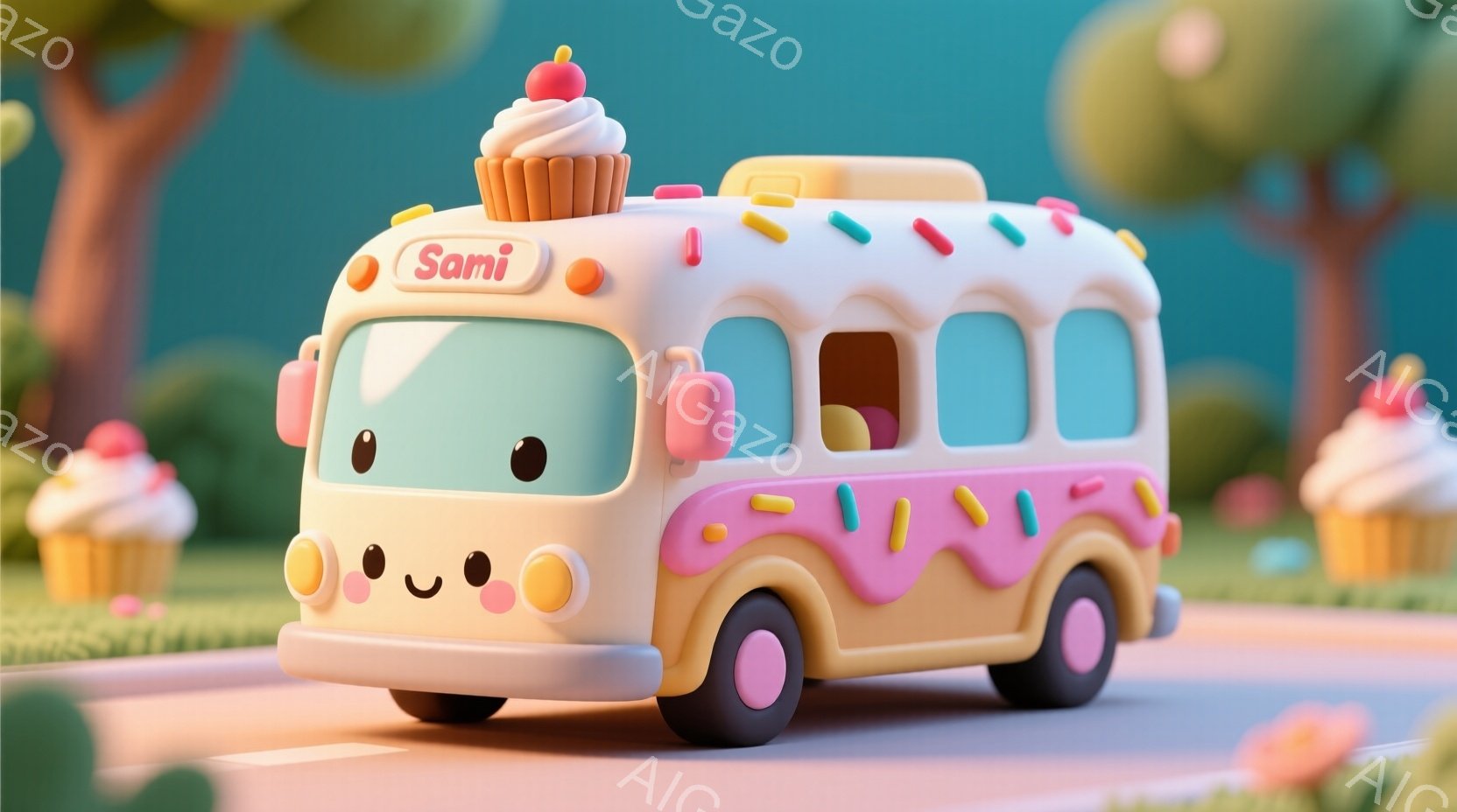 クリーム色をベースにした可愛らしいキャラクターのバスを描いています。バスの屋根には大きなアイスクリームが乗っており、車体にはピンク色のドーナツ模様が施されています。背景には、パステルカラーの建物や花が - AI生成フリー素材