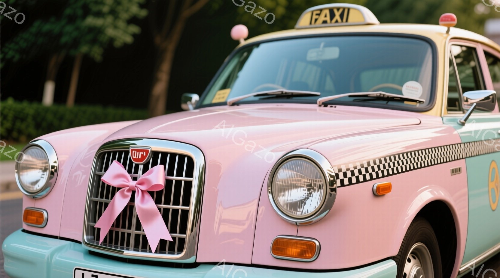 古いタイプのタクシーが、ピンクと水色のユニークなカラーリングで描かれています。フロントグリルには大きなピンクのリボンが結ばれており、車全体が可愛らしい雰囲気を醸し出しています。背景には緑豊かな木々が見え、晴れた日の穏やかな情景が広がっています。