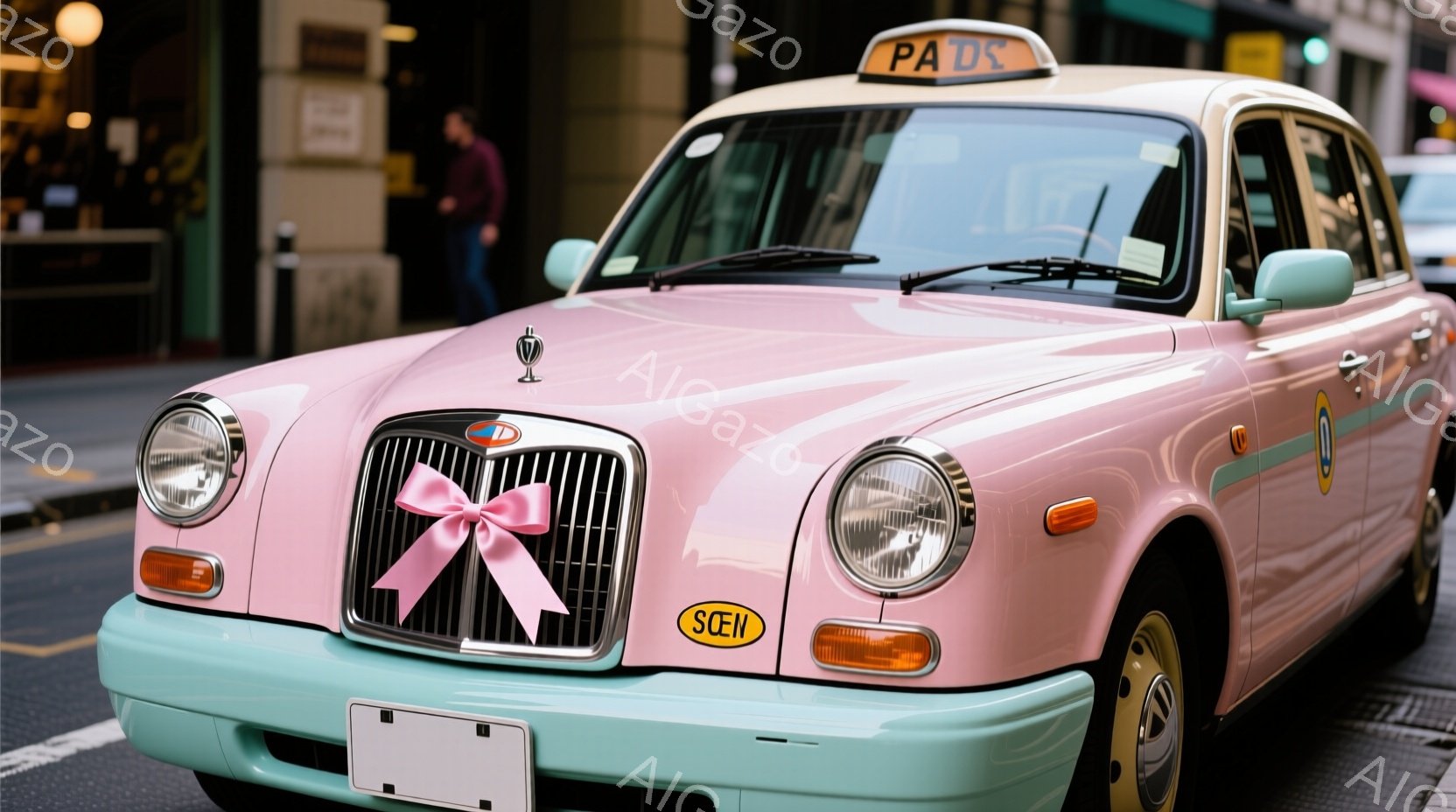 ピンク色のロンドンタクシーが写真に写っており、フロントグリルには大きなピンクのリボンが結ばれています。タクシーの屋根には「PADS」と書かれた看板があり、車体には小さなロゴがいくつか貼られています。背景にはぼやけた建物や歩道が見え、全体的に明るく、少しお祝いのような雰囲気です。