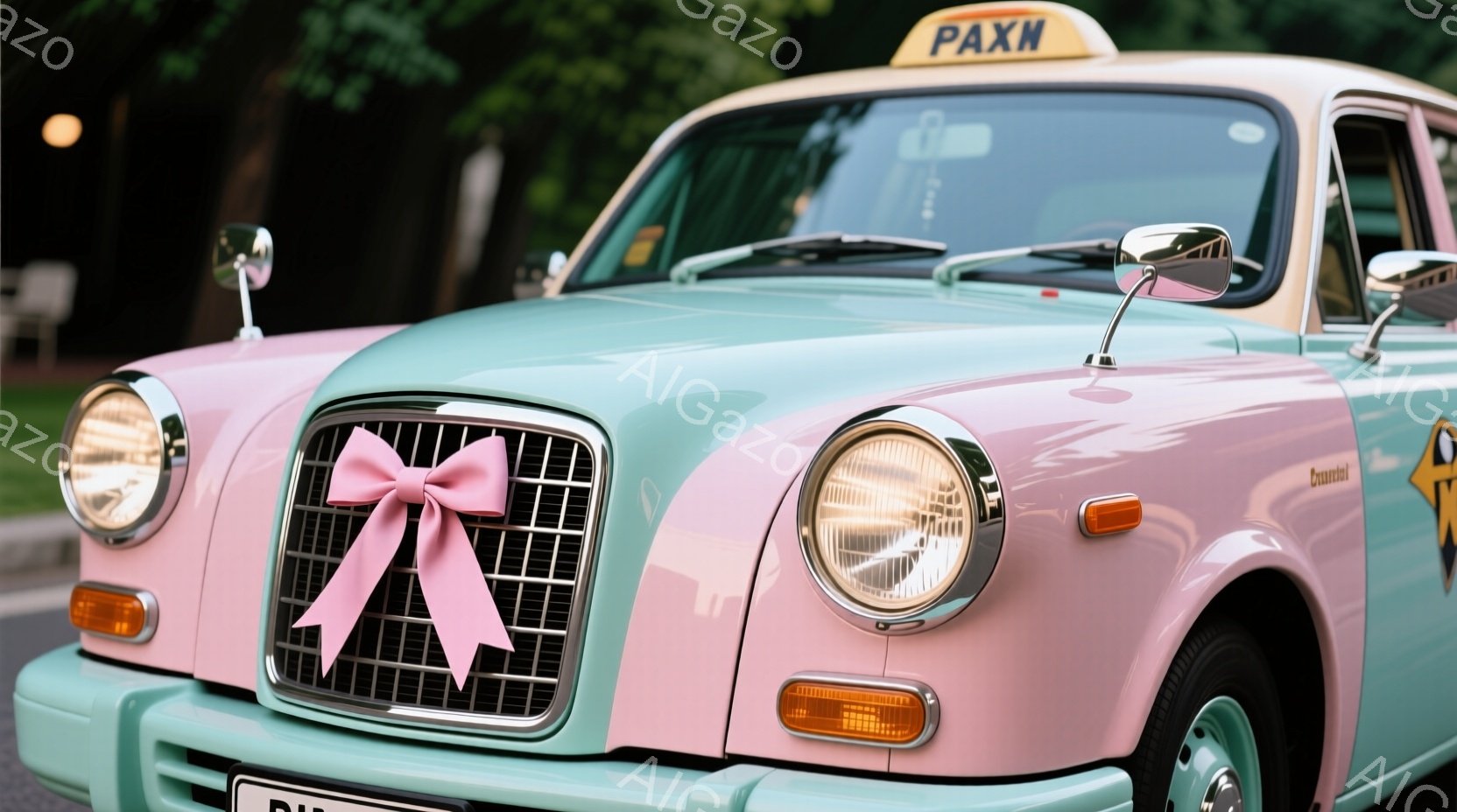 ピンクと水色のツートンカラーのタクシーが写っている。グリルの前面には大きなピンクのリボンが結ばれており、可愛らしい印象を与える。背景には緑の植物が見え、晴れた日の穏やかな雰囲気が漂っている。