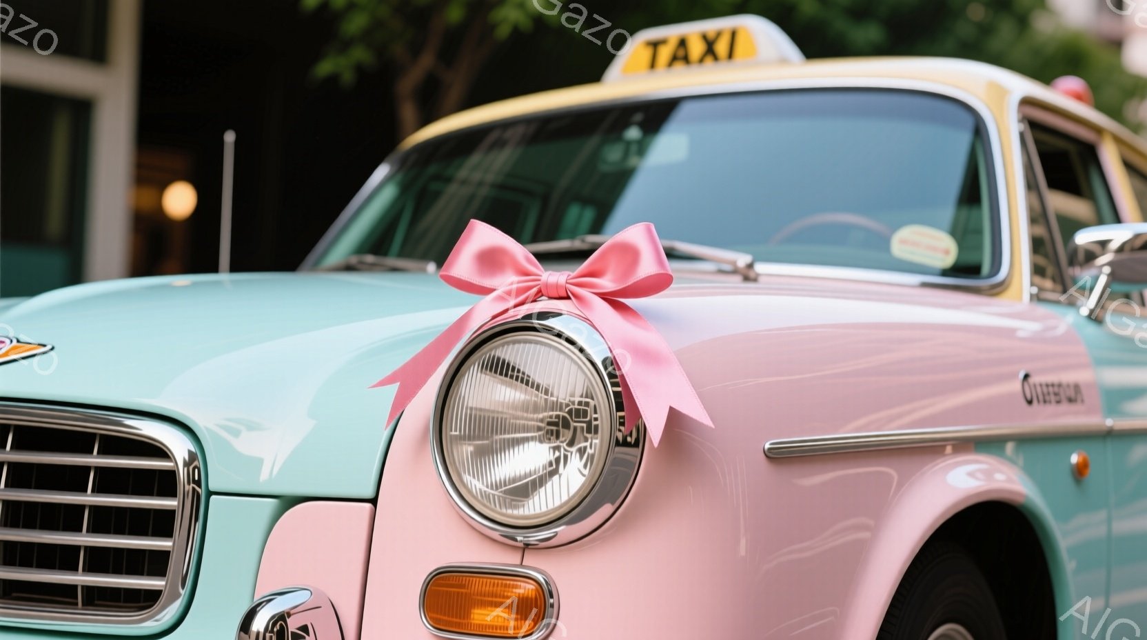 古いタクシーの前面部分が写っており、淡い水色とピンク色の可愛らしい色合いが特徴的です。ボンネットには大きなピンクのリボンが結ばれており、まるで結婚式を祝う車のようです。背景には緑豊かな木々が見え、晴れた日の穏やかな雰囲気が漂っています。