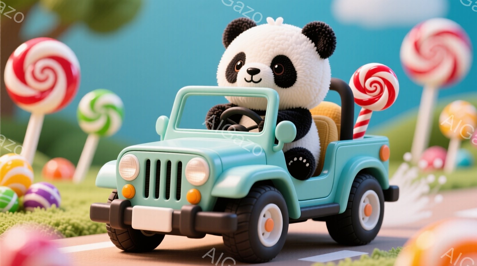 パンダの人形が水色のジープを運転している様子が描かれています。周囲にはカラフルなキャンディーが咲き乱れ、まるで遊園地のような背景です。ジープは道路を走り、パンダは楽しそうな表情でハンドルを握っています。