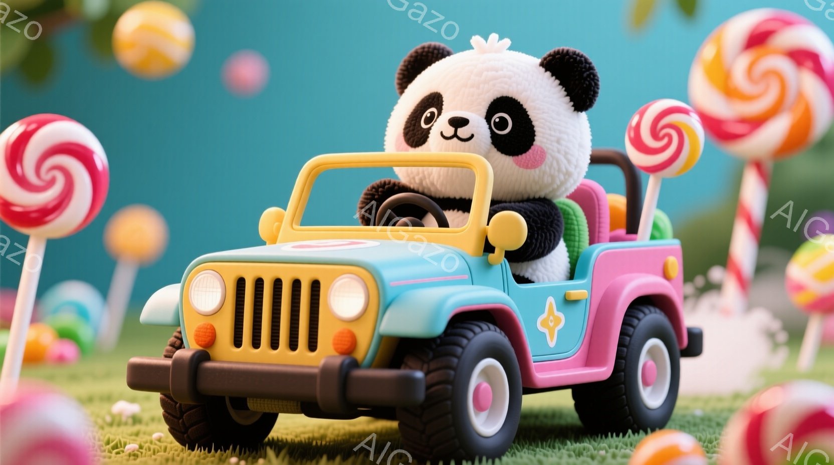 青いオープンカーを運転するパンダのぬいぐるみです。パンダは緑色の服を着ており、運転に集中した表情をしています。背景にはカラフルなキャンディーが並び、緑の草の上を走っているような、明るく楽しい雰囲気です。
