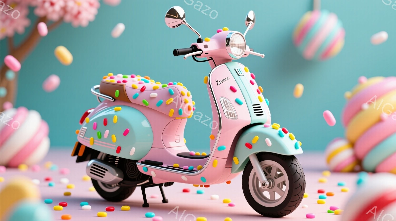 薄いピンクと水色のレトロなスクーターが、キャンディーのような粒状の装飾で覆われています。背景は、淡いピンク色の地面と、渦巻き模様のキャンディーのような球体が散りばめられた、夢のような甘い世界です。全体 - AI生成フリー素材