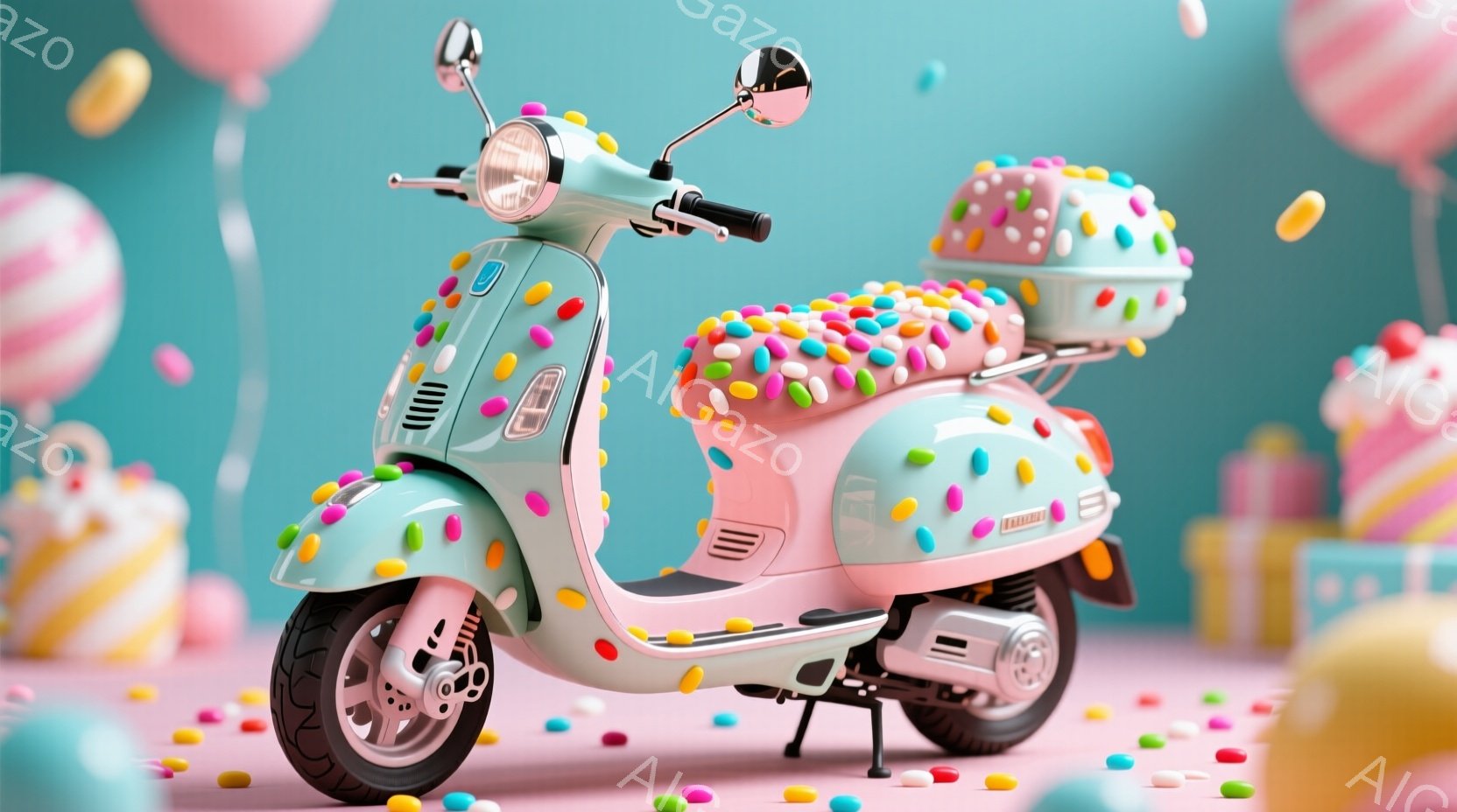 明るい水色のスクーターが、キャンディーのようなカラフルな粒々で飾られています。後部座席には、カラフルなスプリンクルで覆われた大きなケーキが載せられており、背景にはパステルカラーの風船やケーキが配置されています。全体的に、お祭りや甘いお菓子を連想させる、ポップで楽しい雰囲気です。