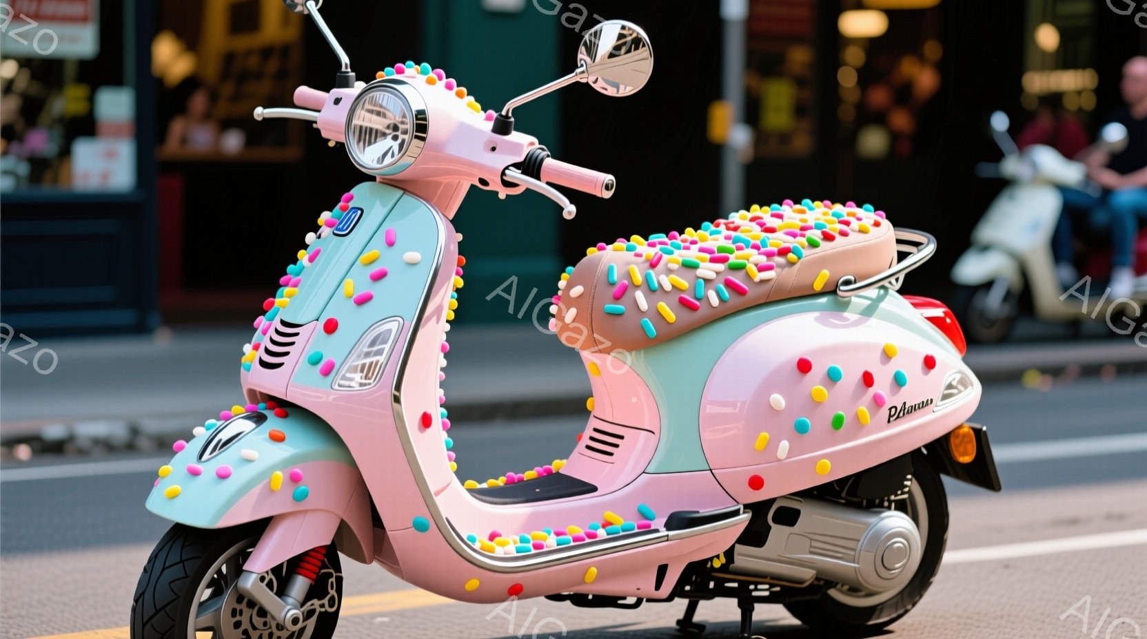ピンク色のベスパが、キャンディーのようなカラフルな粒で覆われている、遊び心あふれる光景です。背景には、ぼやけた建物と他の車両が見え、明るい晴天の下で、このユニークなスクーターが際立っています。全体的に、遊び心があり、陽気で、春のような雰囲気を醸し出しています。