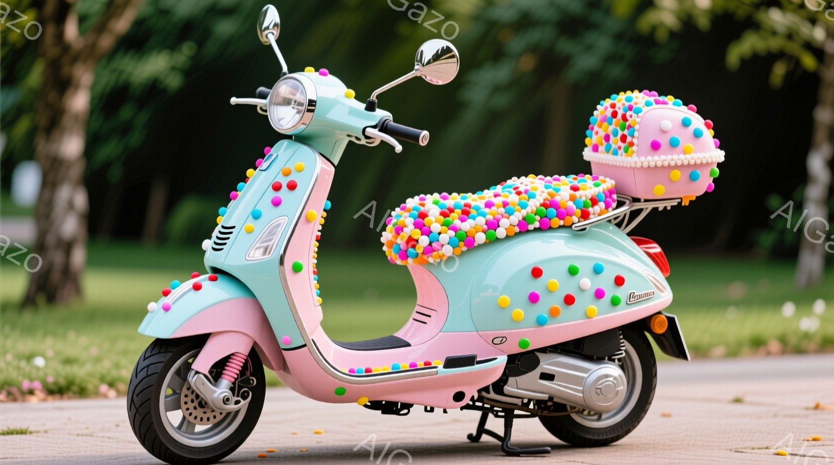 パステルピンクと水色の可愛らしいスクーターが、アスファルトの道に停まっています。スクーター全体にカラフルなポンポンが飾り付けられており、まるでキャンディのようなポップな印象を与えます。背景には緑豊かな木々と芝生が広がり、晴れた日の穏やかな雰囲気が伝わってきます。