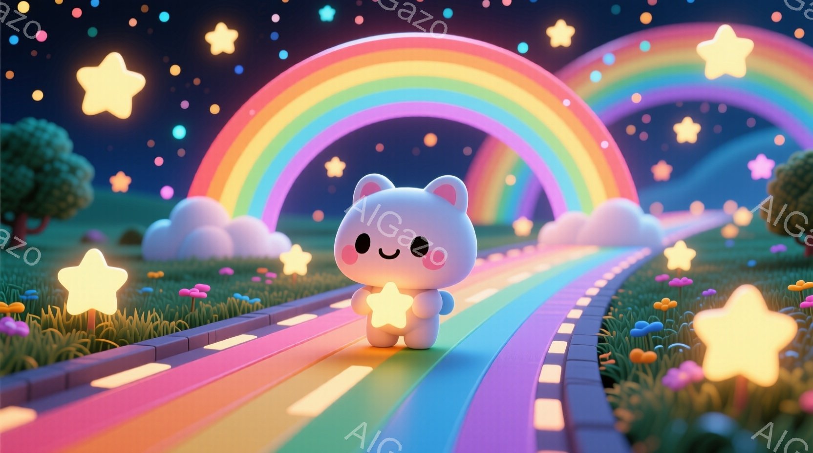 ふわふわの白い子犬が、虹色の道の上を歩いています。子犬は丸い耳を持ち、笑顔で、手には光り輝く星を持っています。背景には、花が咲き乱れ、雲と星空が広がり、夢のような雰囲気です。 - AI生成フリー素材