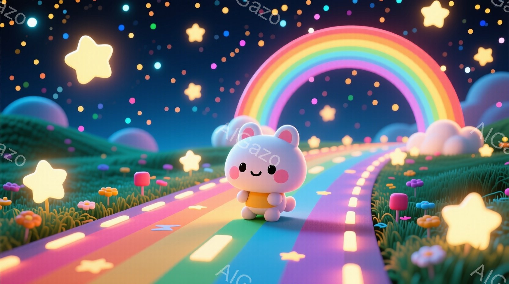 ふわふわの白い子犬が、虹色の道路を歩いている。犬はオレンジ色のベストを着ており、丸い黒い目と愛らしい笑顔で、とてもかわいらしい表情をしている。背景には、パステルカラーの雲、星、キノコ、そして夜空が広が - AI生成フリー素材