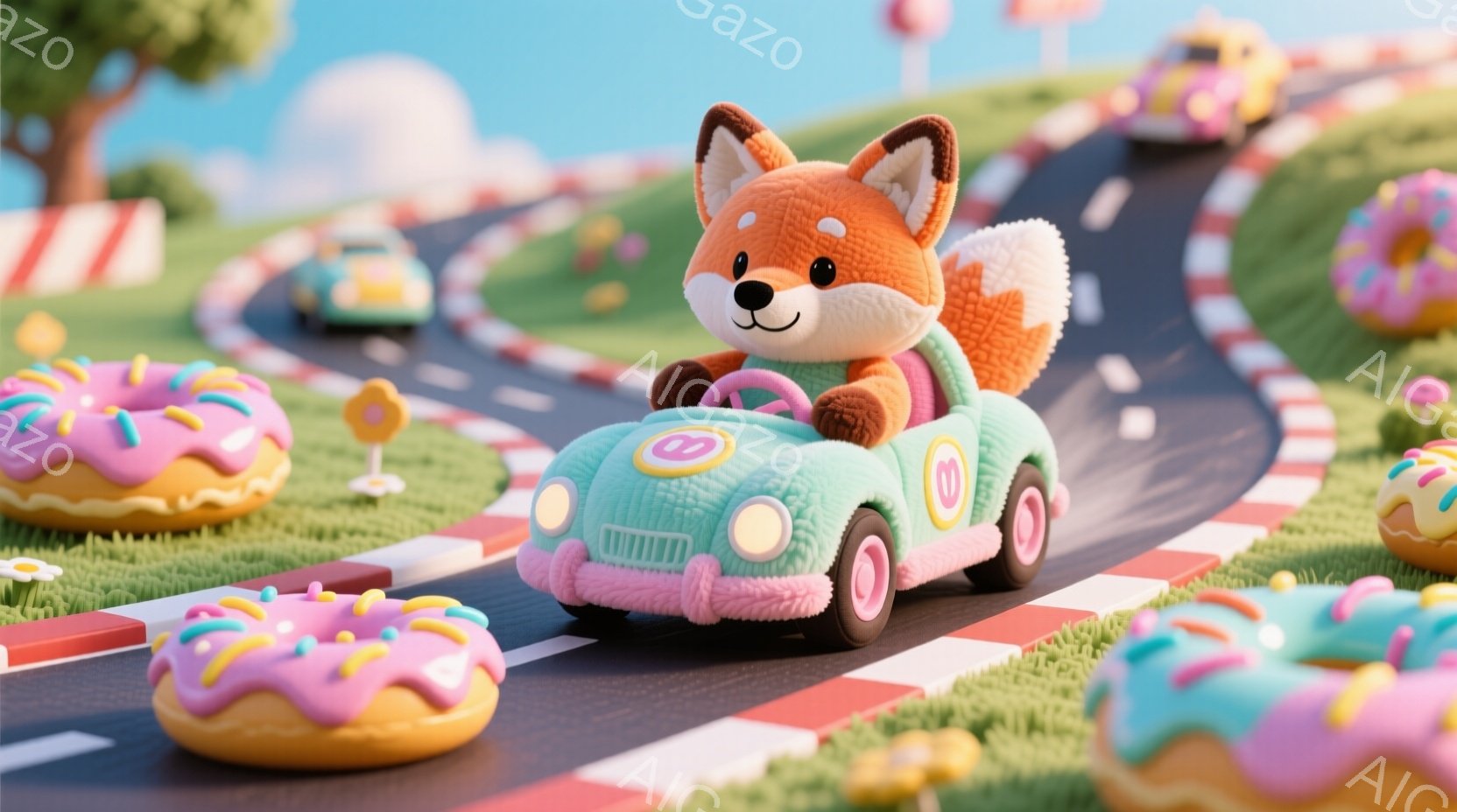 キツネのキャラクターが、ターコイズ色の車を運転している様子が描かれています。周りにはピンクや水色のドーナツが散らばり、緑の芝生と花が咲く道を進んでいます。空は晴れており、全体的に明るく、遊び心のある雰 - AI生成フリー素材