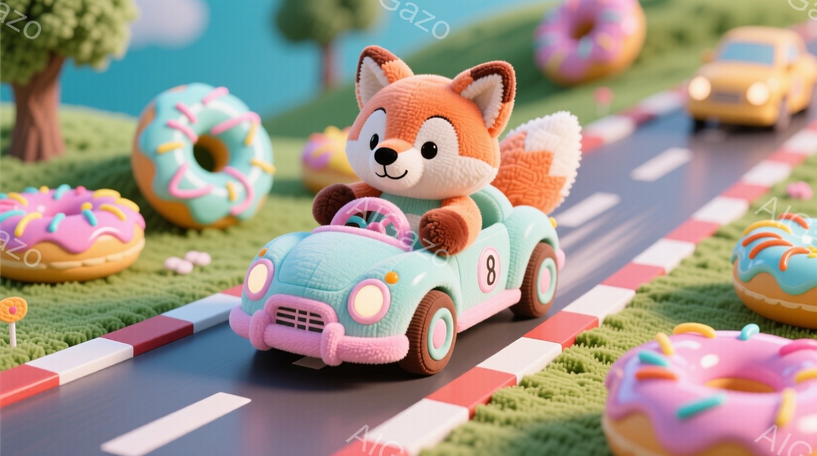 明るい緑色の道の上を、オレンジ色のキツネが運転する水色の車が疾走している。キツネは笑顔で、運転を楽しんでいる様子が伺える。道沿いにはピンク色のドーナツが並び、背景には緑の草と木々が広がり、明るく陽気な - AI生成フリー素材