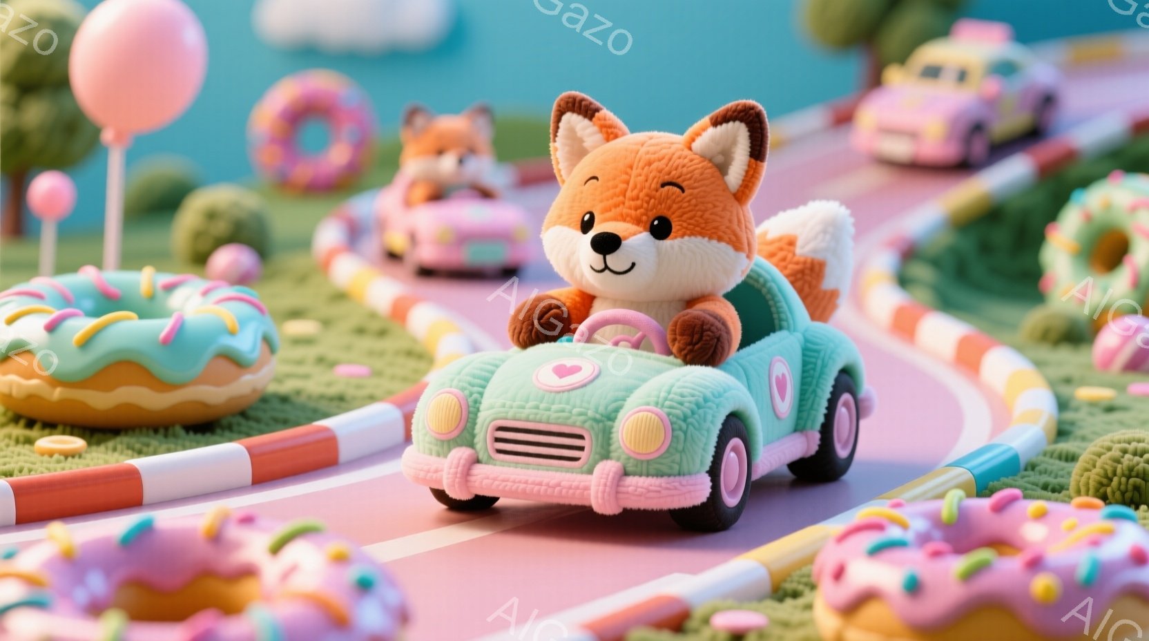 明るい緑色のクラシックカーを運転する、ふわふわの茶色のキツネが描かれています。キツネは嬉しそうに笑っており、ピンク色のストライプとドーナツで飾られた遊び心のあるコースを走っています。背景には、パステルカラーの建物と空があり、全体的に遊び心があり、夢のような雰囲気が漂っています。