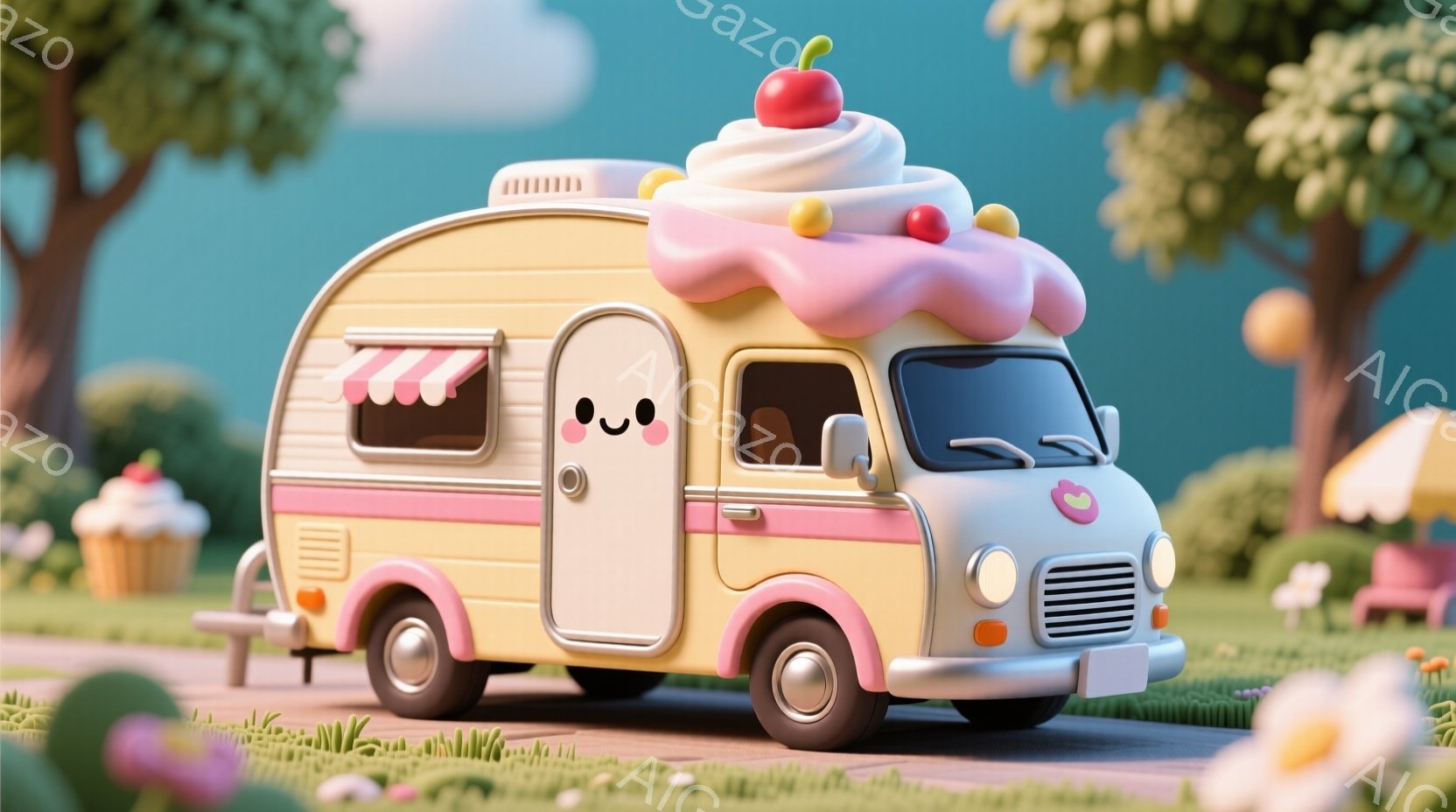 クリームとチェリーで飾られたキャンピングカーが、緑豊かな草原に佇んでいる様子を描いています。キャンピングカーは淡いピンクと黄色で塗られ、可愛らしい表情が特徴的で、まるで動くスイーツのようです。背景には、花や木々が配置され、晴れた空の下、温かく幻想的な雰囲気が漂っています。
