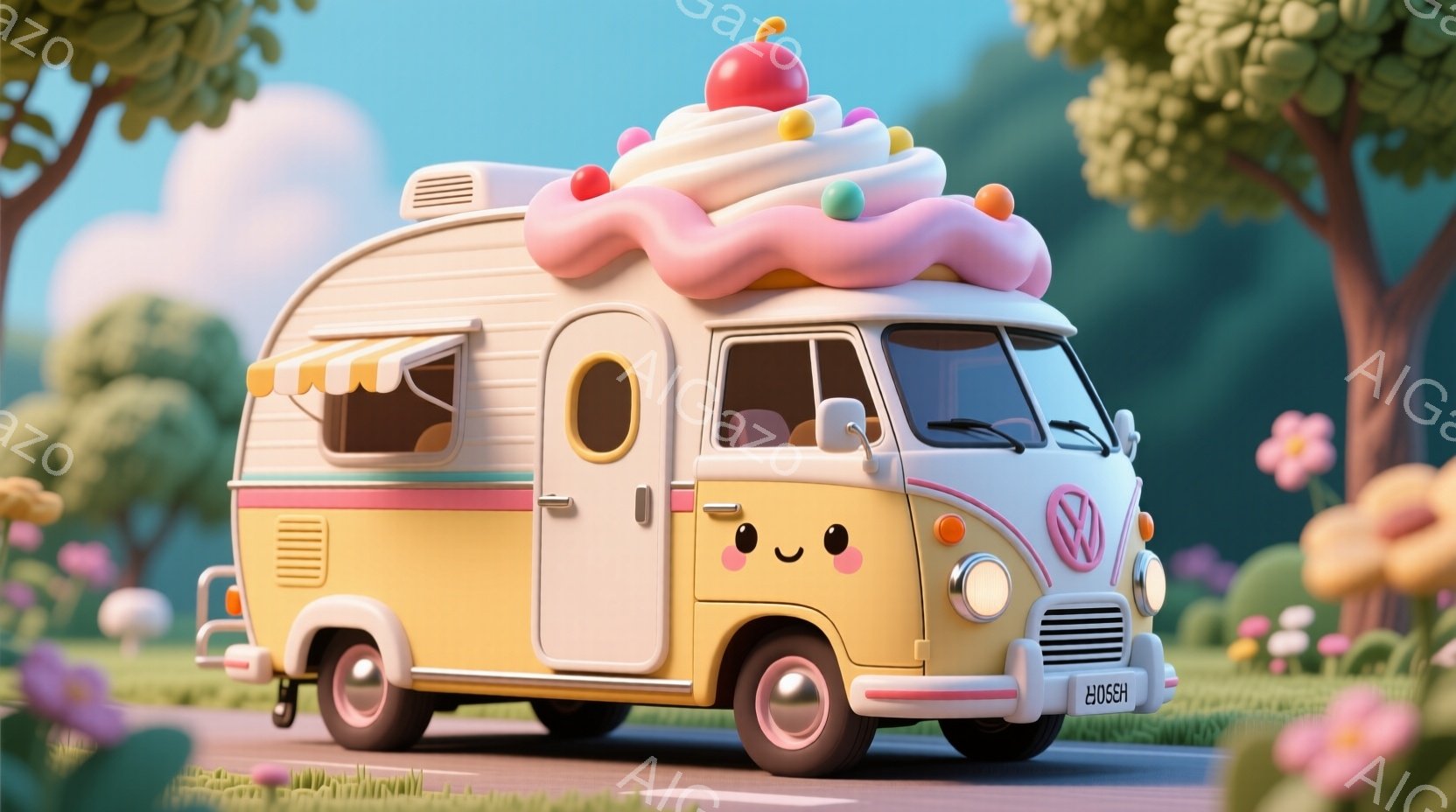明るい黄色のフォルクスワーゲン・タイプ2のキャンパーバンが、まるでソフトクリームのようにトッピングされた屋根で可愛らしく飾られています。バンには愛らしい顔が描かれており、穏やかな表情で前方を向いています。背景には緑豊かな草地、色とりどりの花、そしてぼんやりとした緑の丘が見え、穏やかで夢のような雰囲気を醸し出しています。