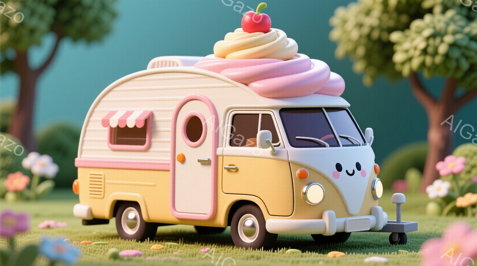 クリーム色のレトロなキャンパーバンが、まるでケーキのように可愛らしい姿で描かれています。バン屋根の上には、いちごをトッピングした大きなクリームが乗っており、フロント部分には愛らしい笑顔が描かれています。背景には緑の芝生と花々が咲き乱れ、穏やかでファンタジックな雰囲気が漂っています。