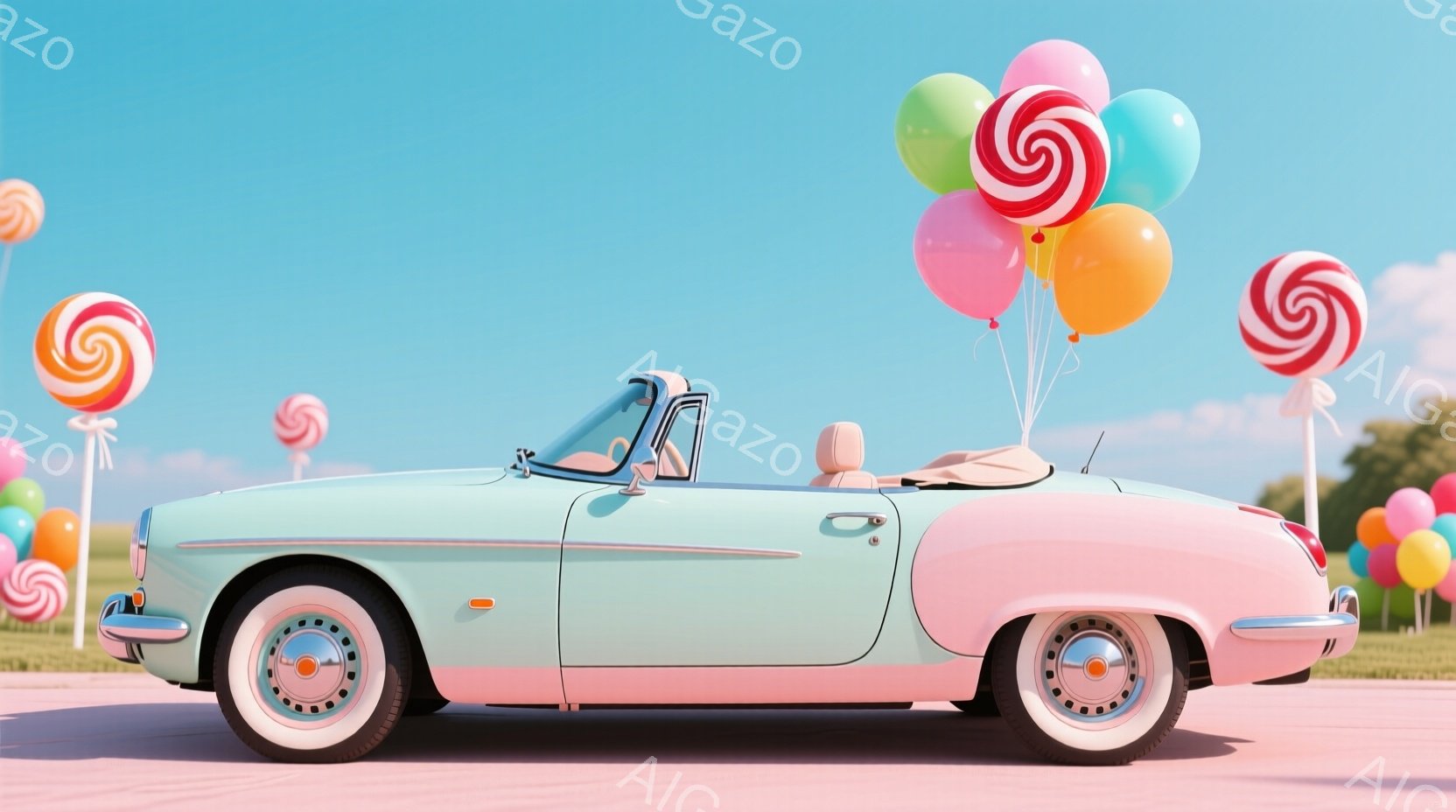 薄い水色のクラシックなオープンカーが、ピンク色の車体下部とクリーム色の内装で飾られています。車には、ピンク、オレンジ、ターコイズブルーなどの色とりどりのバルーンが多数結び付けられており、背景には同じような色合いの棒付きキャンディーが広がる草原に立っています。全体的に明るく、お祭りや遊び心のある雰囲気で、どこか懐かしいレトロなイメージが漂っています。