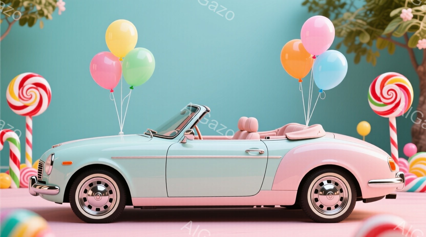 薄い水色のクラシックカーが、ピンク色の後部にアクセントを加え、可愛らしい雰囲気を醸し出しています。車の上には、パステルカラーの風船が結び付けられ、遊び心溢れる様子が伺えます。背景は淡いピンク色で、周りにはキャンディが配置されており、まるで夢のような甘い世界が広がっているようです。