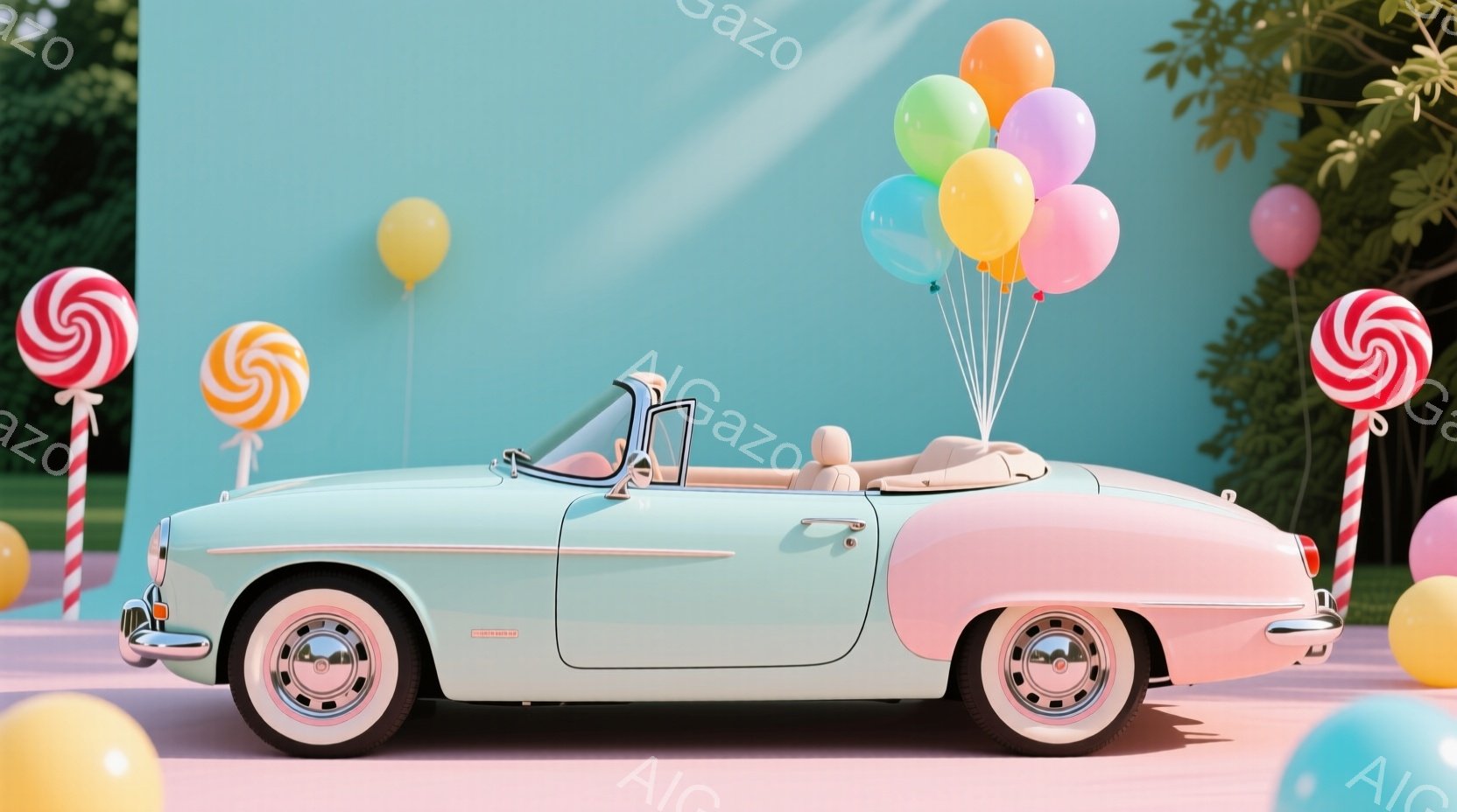 薄い水色のクラシックカーが、ピンクと白の配色で描かれている。背景は明るいパステルブルーで、キャンディのような装飾が散りばめられ、カラフルな風船が車の上空に浮かんでいる。全体的に、甘くて夢のような、お祝いの雰囲気を醸し出している。
