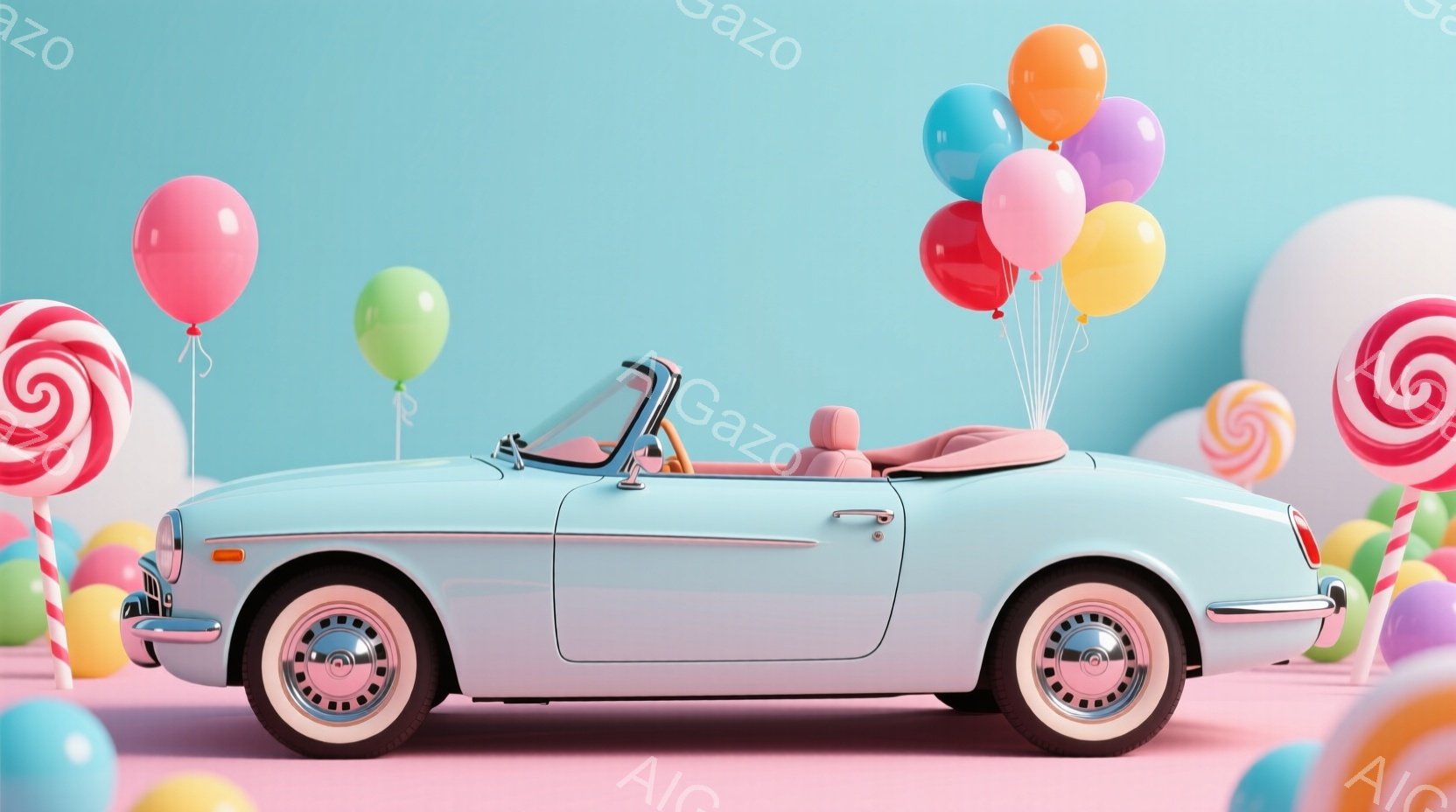 淡い水色のクラシックカーが、キャンディや風船に囲まれた背景に配置されている。車は開いたトップで、ピンク色のシートが確認できる。背景はパステルカラーで統一されており、全体的に甘くて夢幻的な雰囲気を醸し出している。