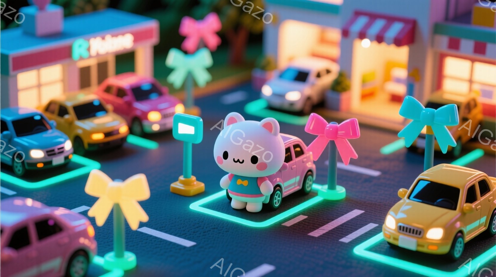 可愛らしいピンク色の車が並ぶ駐車場を模した、鮮やかな色彩の3Dレンダリングです。中央には、リボンと蝶ネクタイをつけた白いクマのキャラクターが立っており、丸い目に愛らしい表情をしています。背景には、ネオンカラーの建物が立ち並び、パステルカラーのヤシの木がアクセントとして配置され、全体的に夢のような雰囲気を醸し出しています。