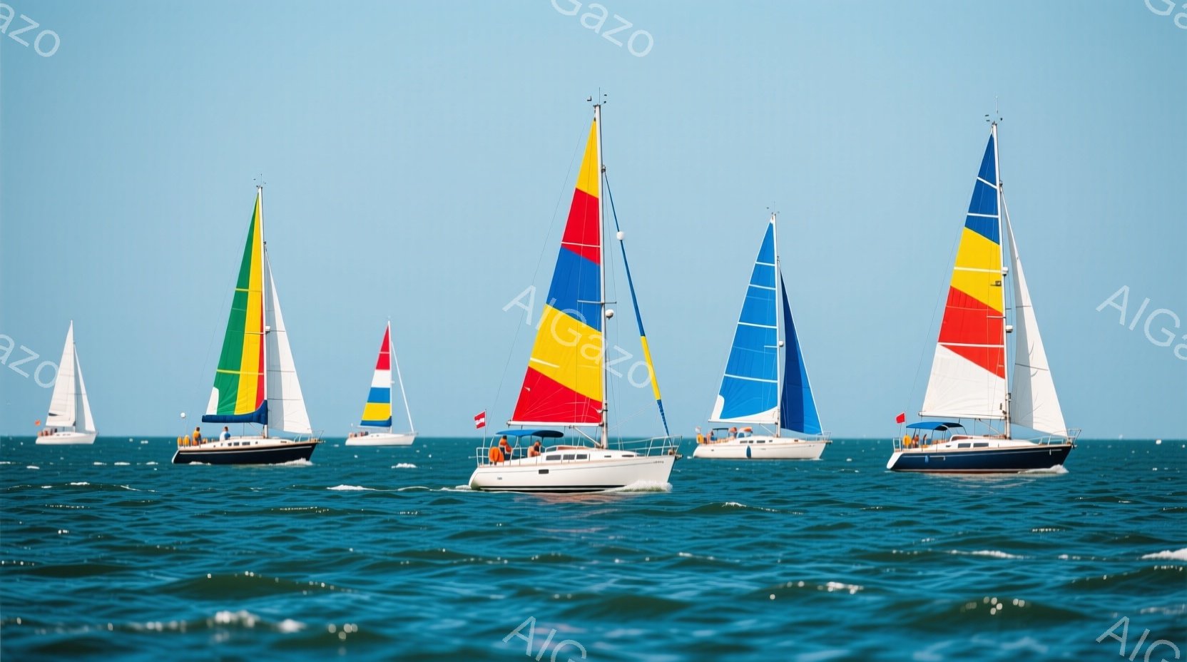 青い海に、色とりどりのセールを掲げたヨットが並んで航行している。ヨットの上には人々が乗り込んでおり、カジュアルな服装でリラックスした様子が伺える。穏やかな天候と、波の穏やかさが、平和で心地よい雰囲気を作り出している。