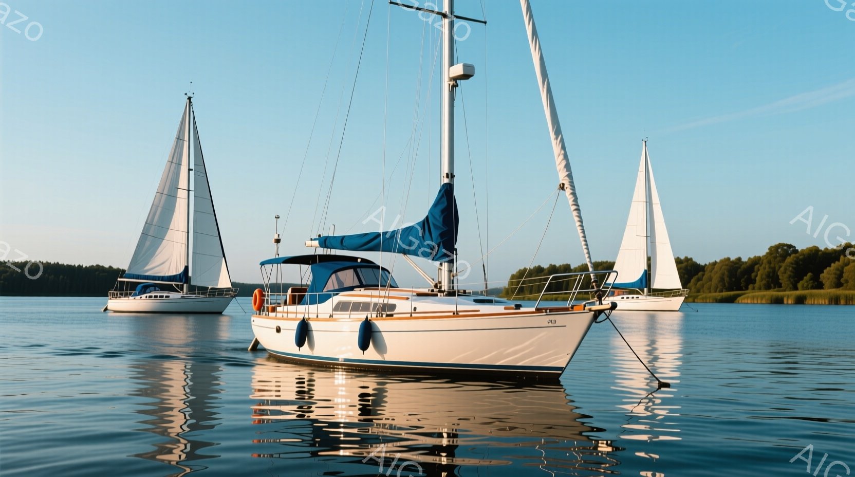 白いヨットが穏やかな水面に浮かび、鮮やかな青い帆が風を受けています。背景には緑豊かな岸辺が見え、晴れた空が水面に反射してキラキラと輝き、穏やかで平和な雰囲気を醸し出しています。ヨットは静止しており、水面にはその姿が美しく映り込んでいます。