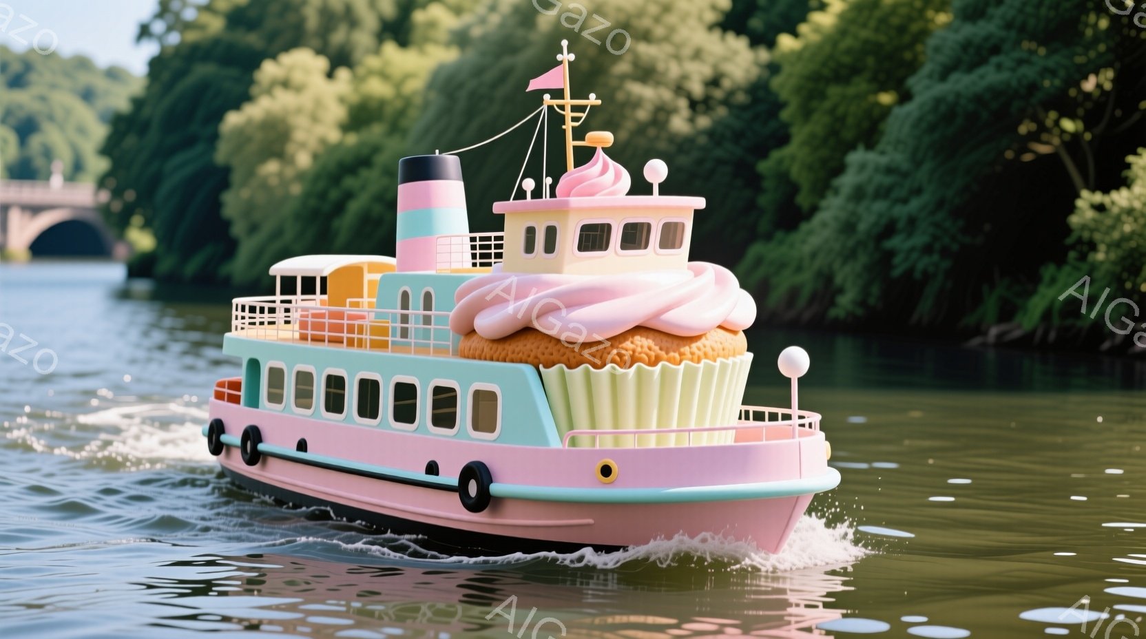ピンク色の蒸気船が水面を航行しており、船体はまるでカップケーキのようにデザインされています。船の上の部分はクリームに見立てられ、側面には紙製のカップケーキの型が再現されています。背景には緑豊かな木々が見え、穏やかな晴天の下、幻想的な雰囲気を醸し出しています。
