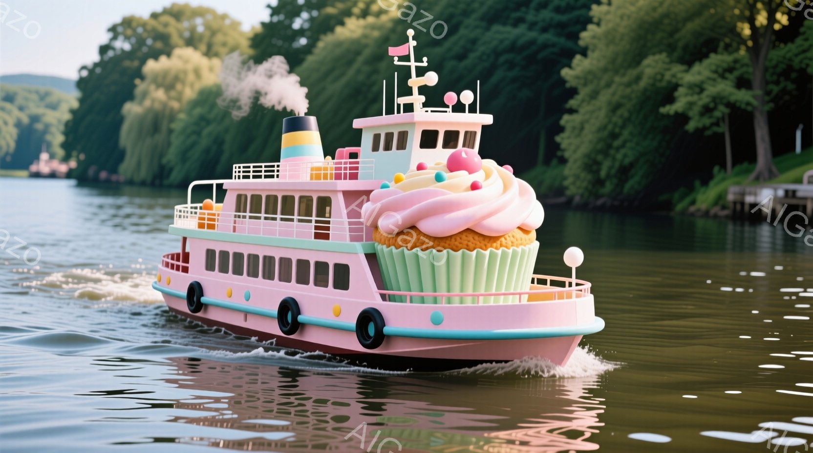 ピンク色の蒸気船が水面を航行しており、船首には巨大なクリームとカラフルなスプリンクルが乗ったカップケーキが取り付けられています。背景には緑豊かな木々が生い茂る岸辺が見え、穏やかな天候で水面には波紋が広がっています。全体的に、遊び心とファンタジーに満ちた、かわいらしい雰囲気です。
