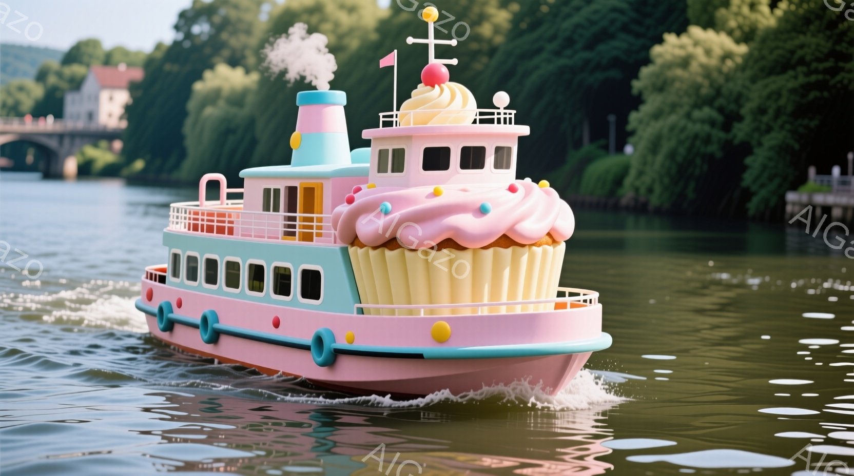 ピンクと水色の可愛らしい蒸気船が、穏やかな水面を航行しています。船体は巨大なカップケーキを模しており、クリームやスプリンクルが施され、ファンタジーのような雰囲気です。背景には緑豊かな木々や建物が見え、晴れた日の穏やかな航海を示唆しています。
