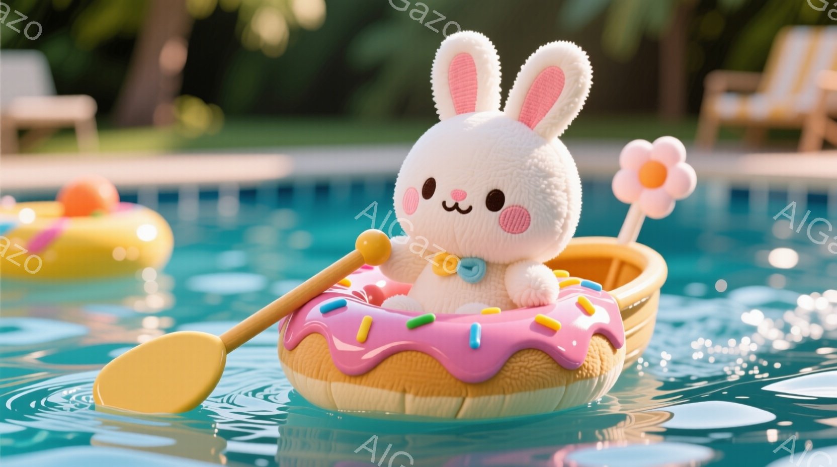 白いふわふわのウサギが、ドーナツ型のボートに乗って水面を漕いでいます。ピンクの頬と小さな笑顔が可愛らしく、黄色の小さな櫂を手にしています。背景には青いプールと、ぼやけた木々や椅子が見え、穏やかで楽しい - AI生成フリー素材