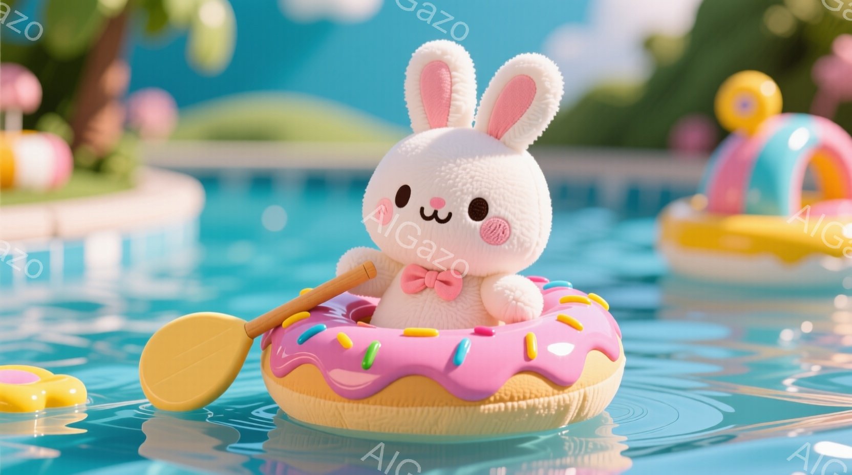 ふわふわの白いウサギが、ピンク色のドーナツ型の浮き輪に乗って水面を漂っています。ウサギは小さなピンクのリボンをつけており、楽しそうな表情で黄色いパドルで漕いでいるようです。背景には、パステルカラーのフ - AI生成フリー素材