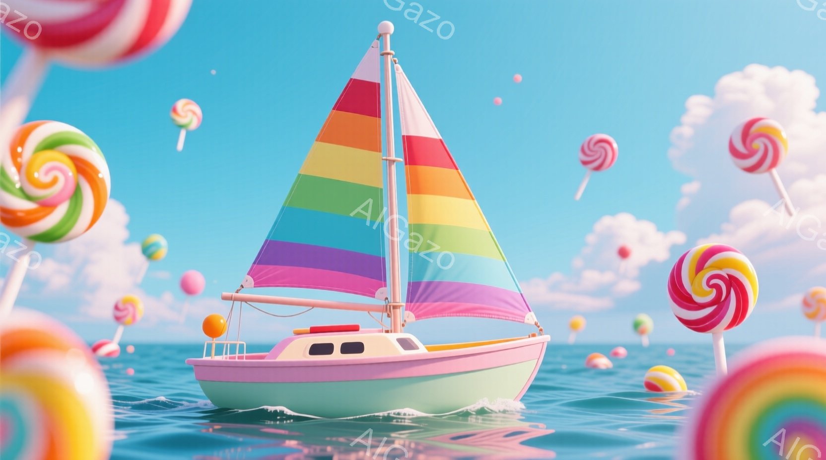 楽しげで、船がカラフルなステンドセイルを持って水上を進んでいる。空にはポップコーンが漂っており、水の表面にも浮かんでいる。照明は明るく、雲は白く、風景は快適である。