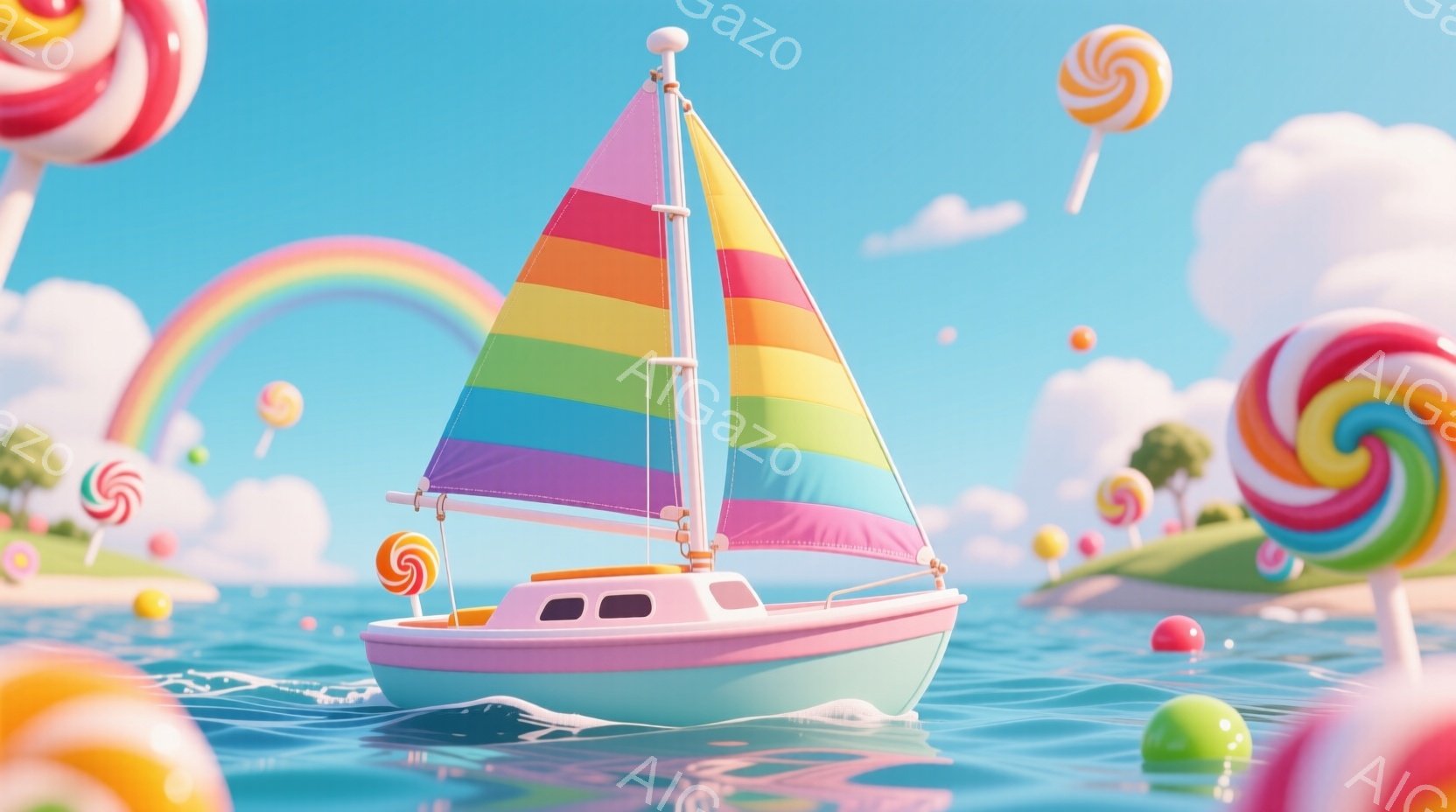 パステルカラーの可愛らしいヨットが、穏やかな海を航行しています。背景にはキャンディーやグミのようなカラフルなオブジェが浮かび、虹がかかっています。全体的に夢のような、甘くて楽しい雰囲気が漂っています。