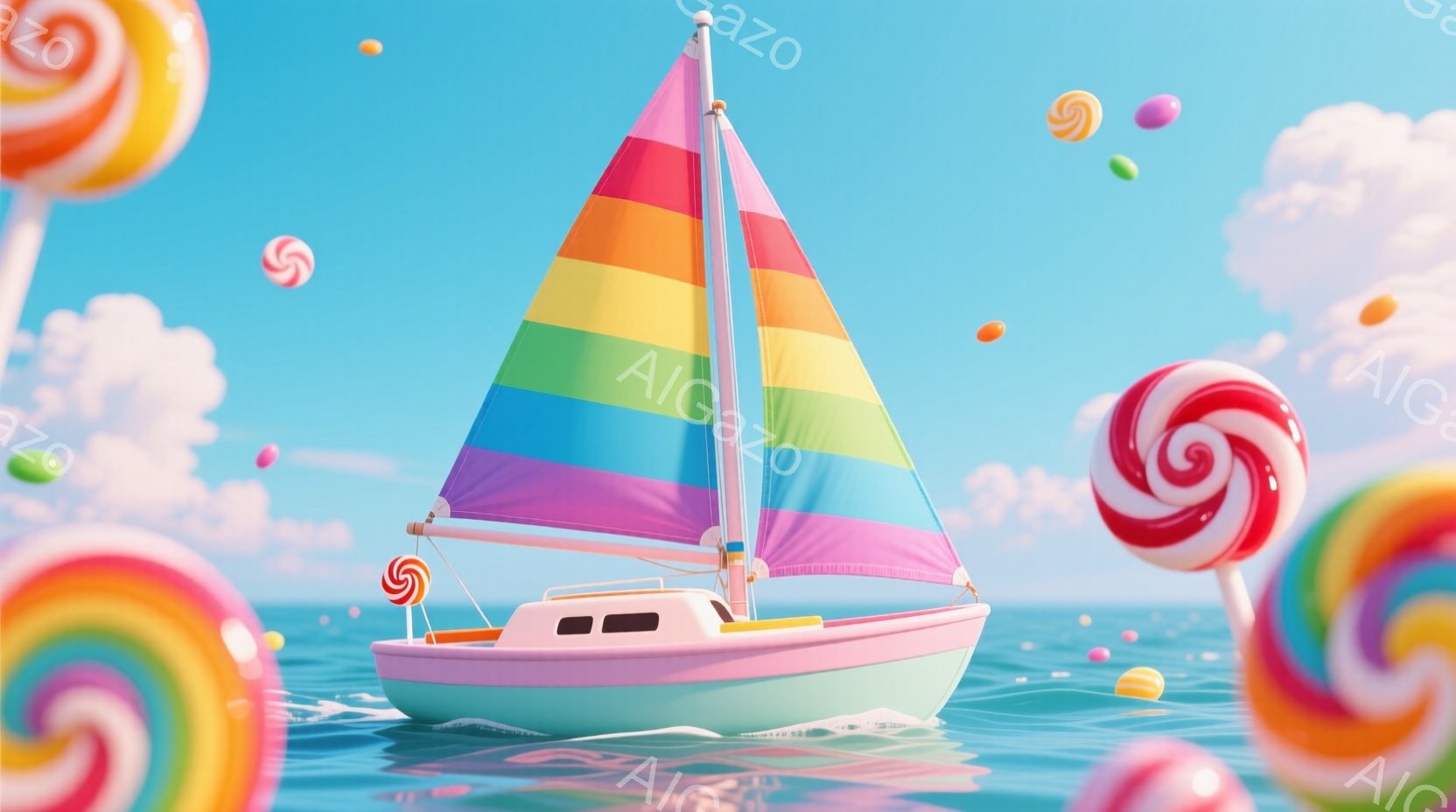 鮮やかな虹色の帆を持つ、可愛らしいピンク色の小型ヨットが穏やかな海を航行している。背景には、パステルカラーの空と、まるでキャンディのような丸いお菓子が浮かび、夢のような雰囲気を醸し出している。海面にはヨットの航跡が残り、全体的に明るく、遊び心溢れる世界観が表現されている。