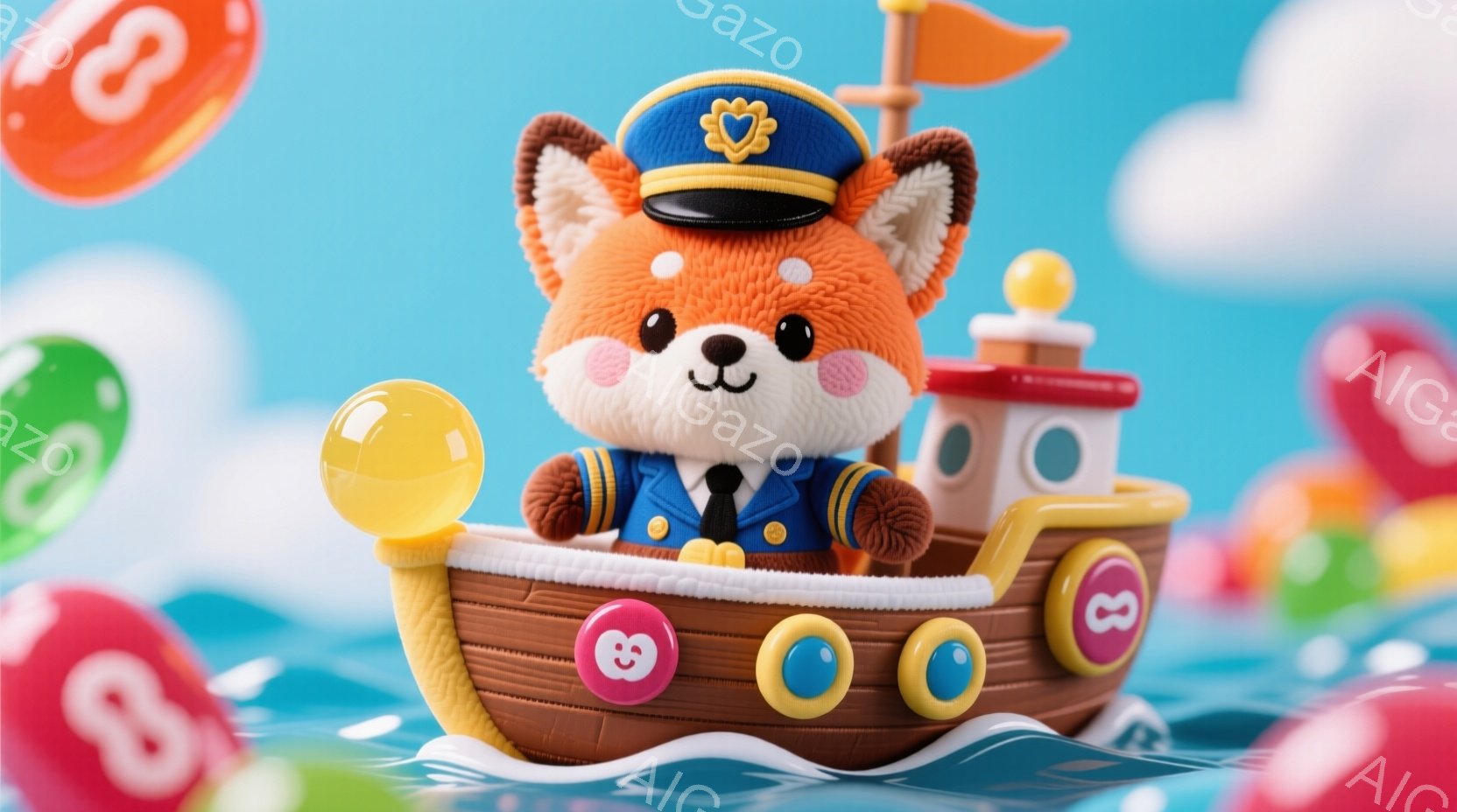 明るい青色の背景に、キツネのキャラクターが船の船長として描かれています。紺色の制服を着て、帽子をかぶり、自信に満ちた表情をしています。背景には、カラフルな球体や波が描かれており、全体的に明るく楽しい雰囲気を醸し出しています。