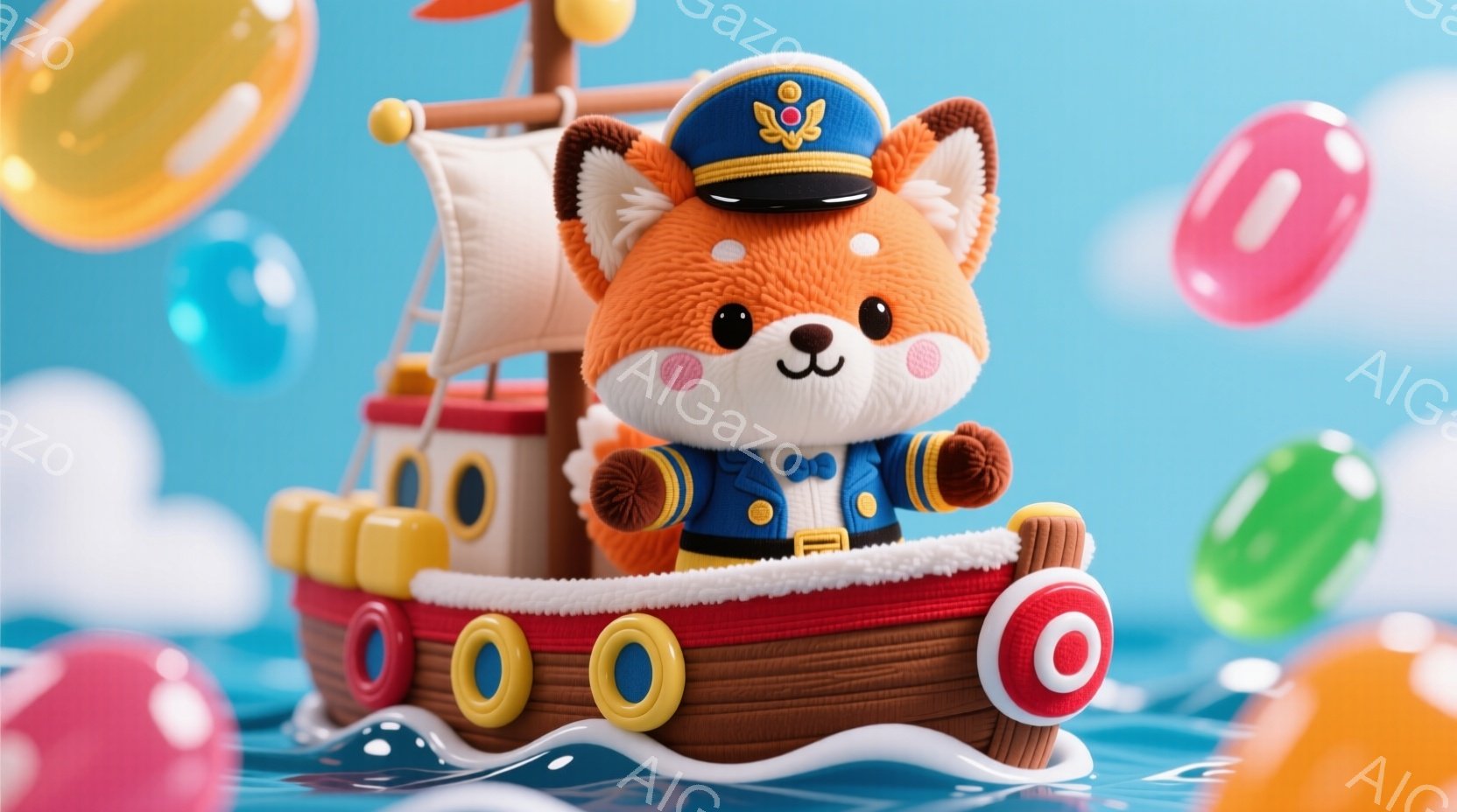 鮮やかな水色の背景に、かわいらしいキツネが船長姿で小さな赤い船を操縦している様子が描かれています。キツネは水色の制服に蝶ネクタイを締め、船長帽をかぶり、ほほえましい表情を浮かべています。背景にはカラフルなシャボン玉や波が描かれ、全体的に明るく陽気な雰囲気です。