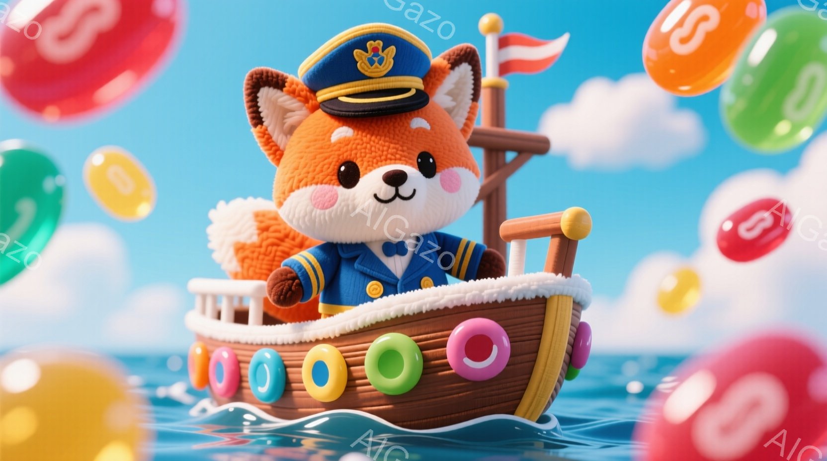 明るい青空の下、船に乗ったオレンジ色のキツネが描かれています。キツネは船長帽と蝶ネクタイを身につけ、にっこりと微笑んでいます。背景にはカラフルなキャンディのような丸いオブジェクトが浮かび、穏やかな海と - AI生成フリー素材