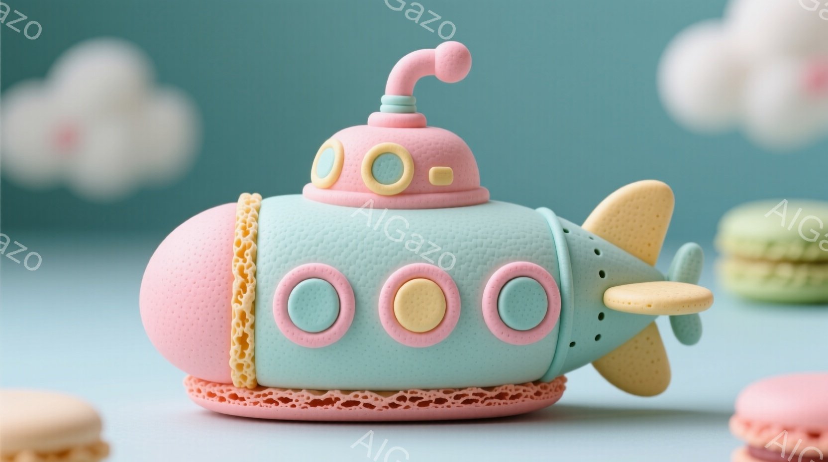 ターコイズブルーとピンク色のマカロンでできた、可愛らしい潜水艦のおもちゃが写っています。周囲には、パステルカラーのマカロンがいくつか散らばっており、背景は淡い水色で統一されています。全体的に柔らかく、 - AI生成フリー素材